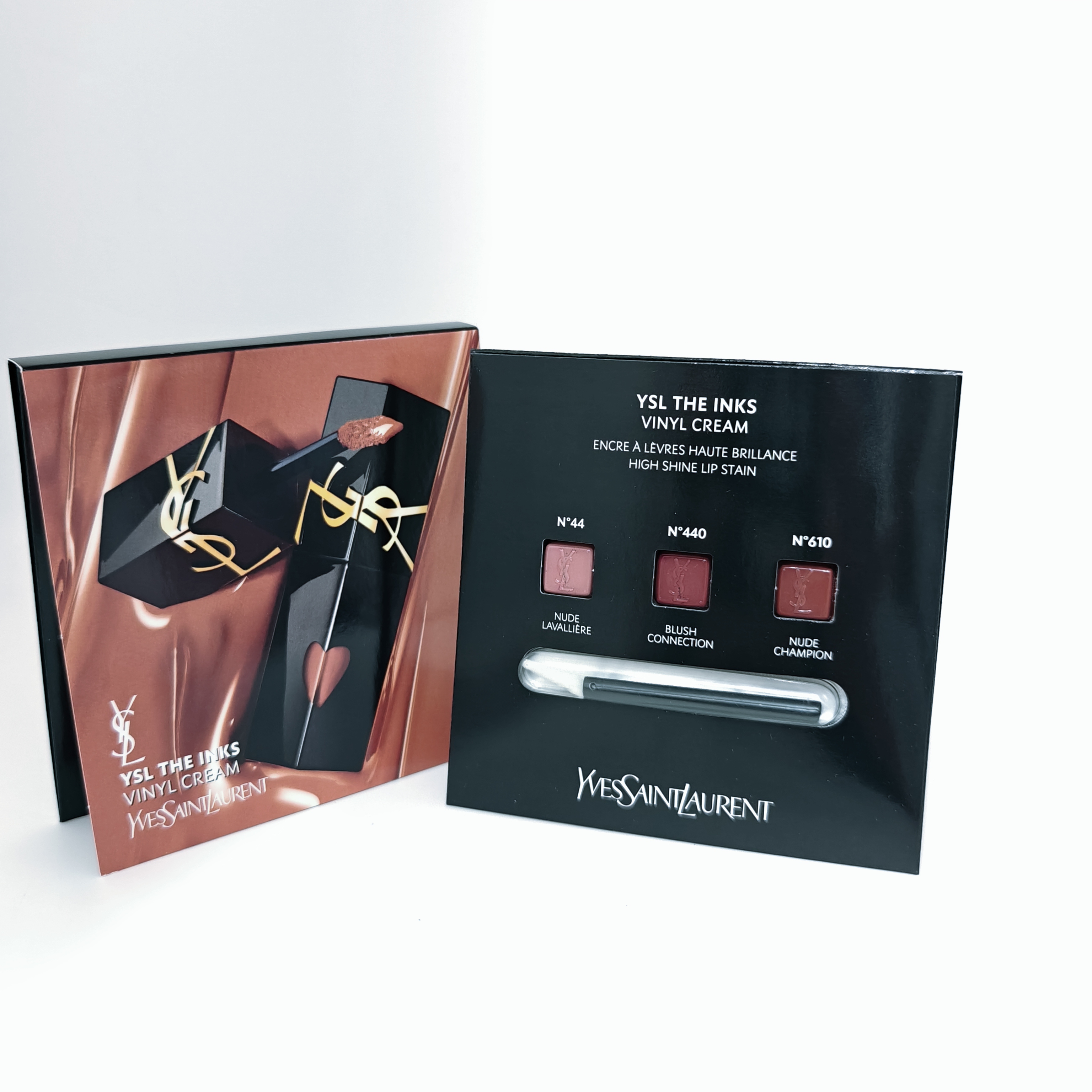 YSL The Inks Vinyl Cream High Shine Stain N°44 Nude Lavalliere  N°440 Blush Connection  N°610 Nude Champion  試色板