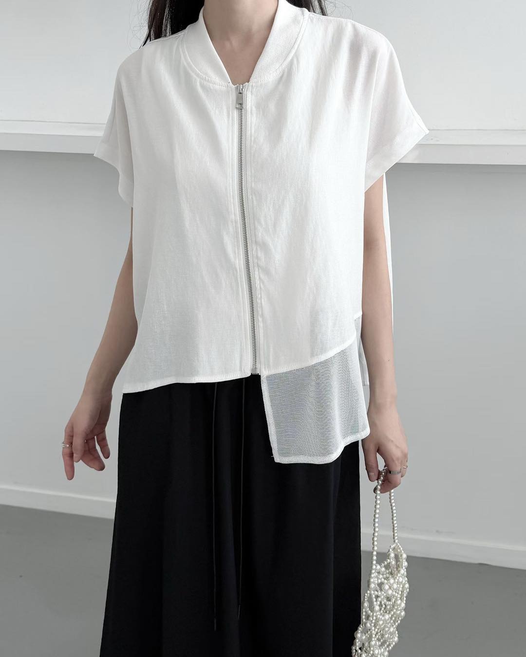 不規則單邊網網拉鏈外套