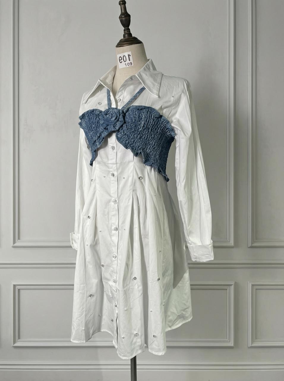 拼接牛仔抹胸長袖襯衫連衣裙