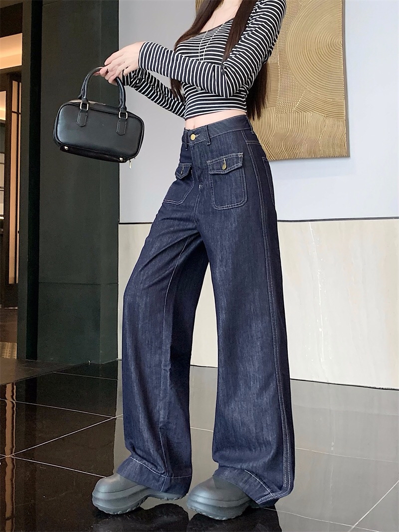 B126(5003) 韩版JEANS单钮双翻盖单钮口袋蓝直筒长裤