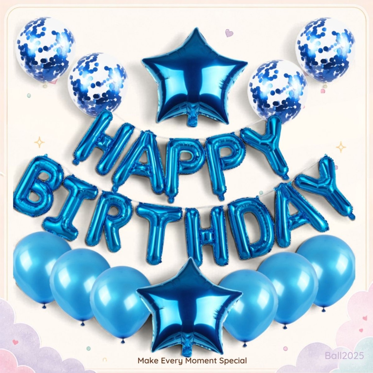 藍色 HAPPY BIRTHDAY 生日派對金屬氣球套裝 星形亮片氣球 Birthday Party Decoration