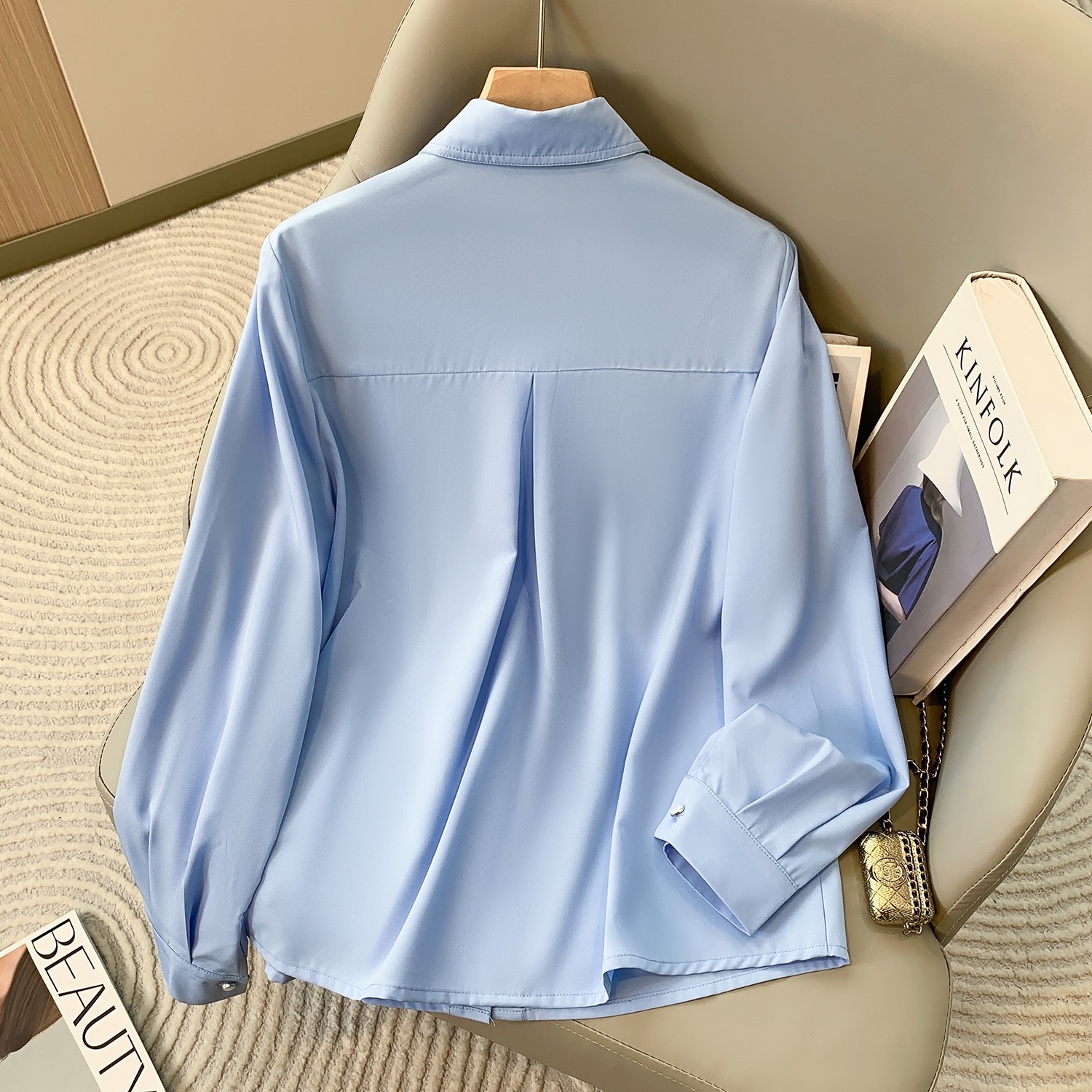 B149(66607) 韩版通勤风翻领边显瘦捏痕抗皱长袖3色衬衫上衣