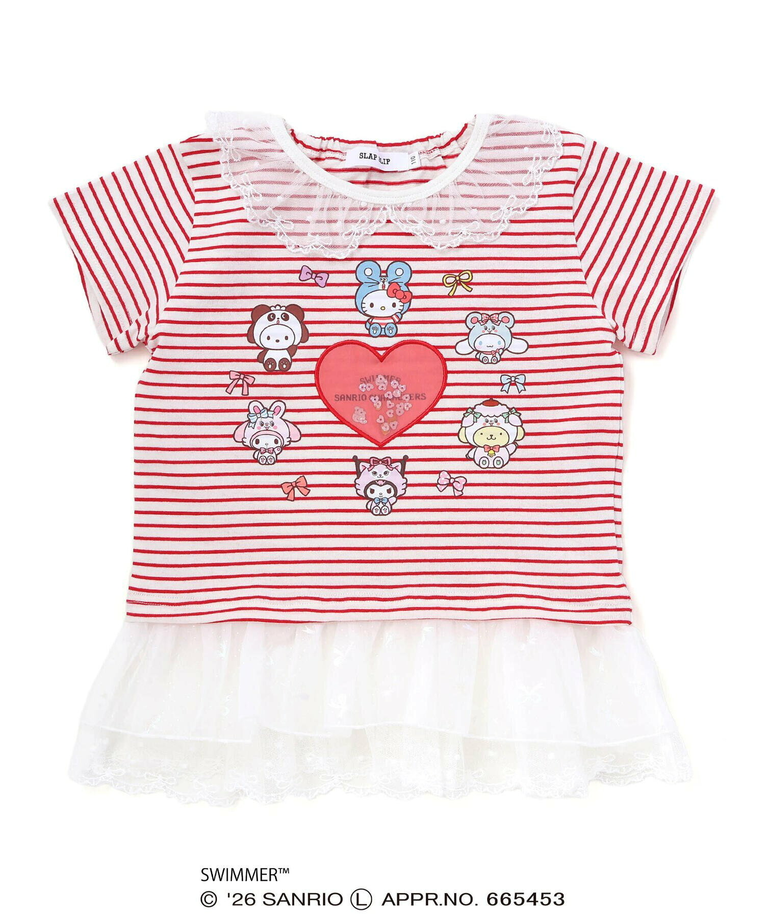 🇯🇵預訂 日本直送🇯🇵Slap Slip x Swimmer x Sanrio系列兩色人物印花亮片愛心蕾絲荷葉邊領口條紋短袖上衣