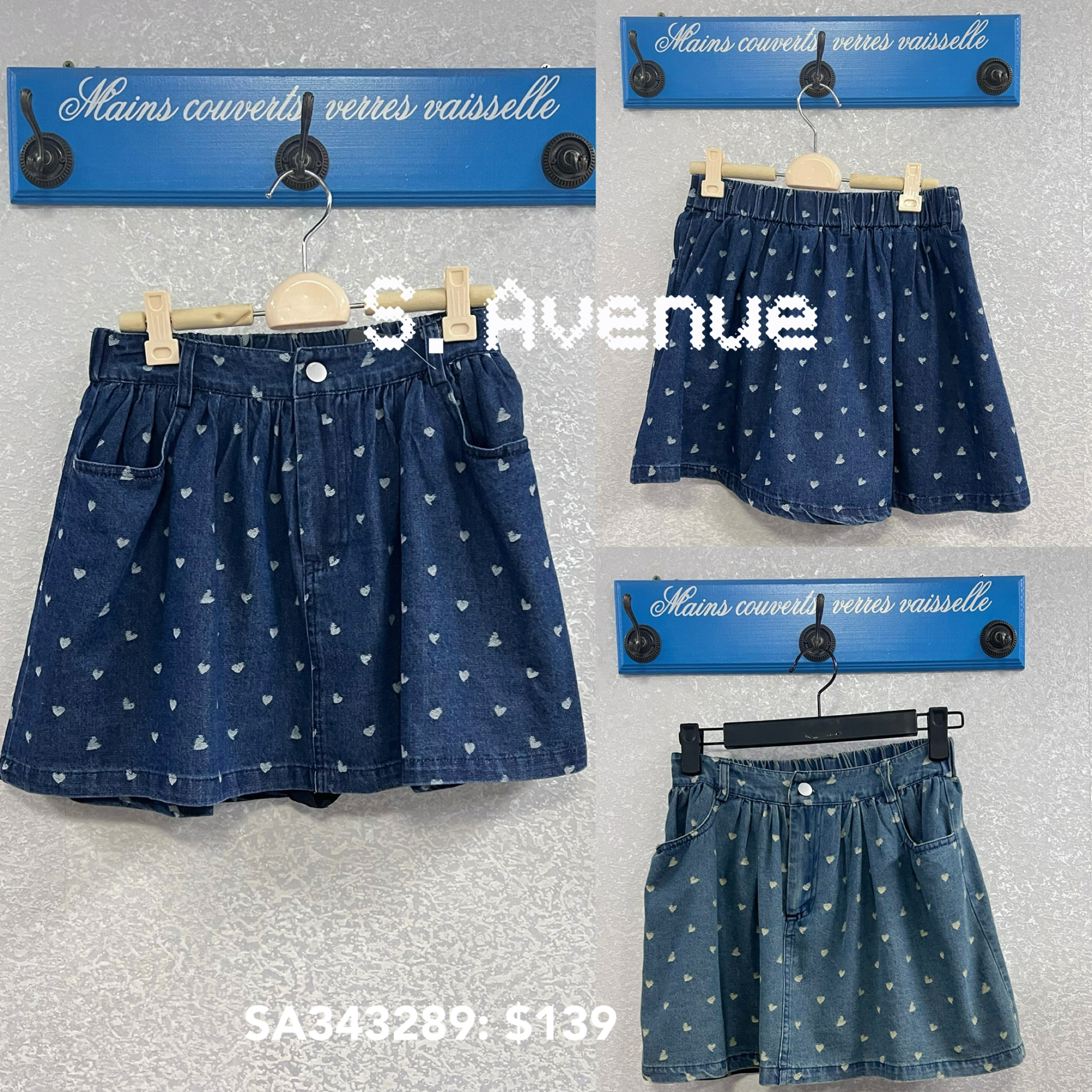 SA343289: 前有鈕後橡筋腰心心牛仔裙