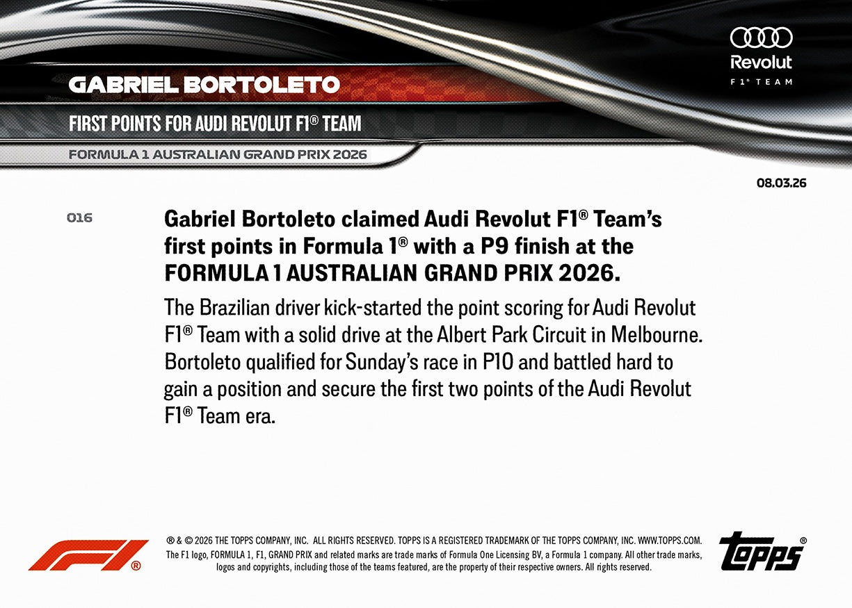 Gabriel Bortoleto - 2026 F1 Topps NOW® #16 Australian GP Audi首奪積分卡｜PR 1,700