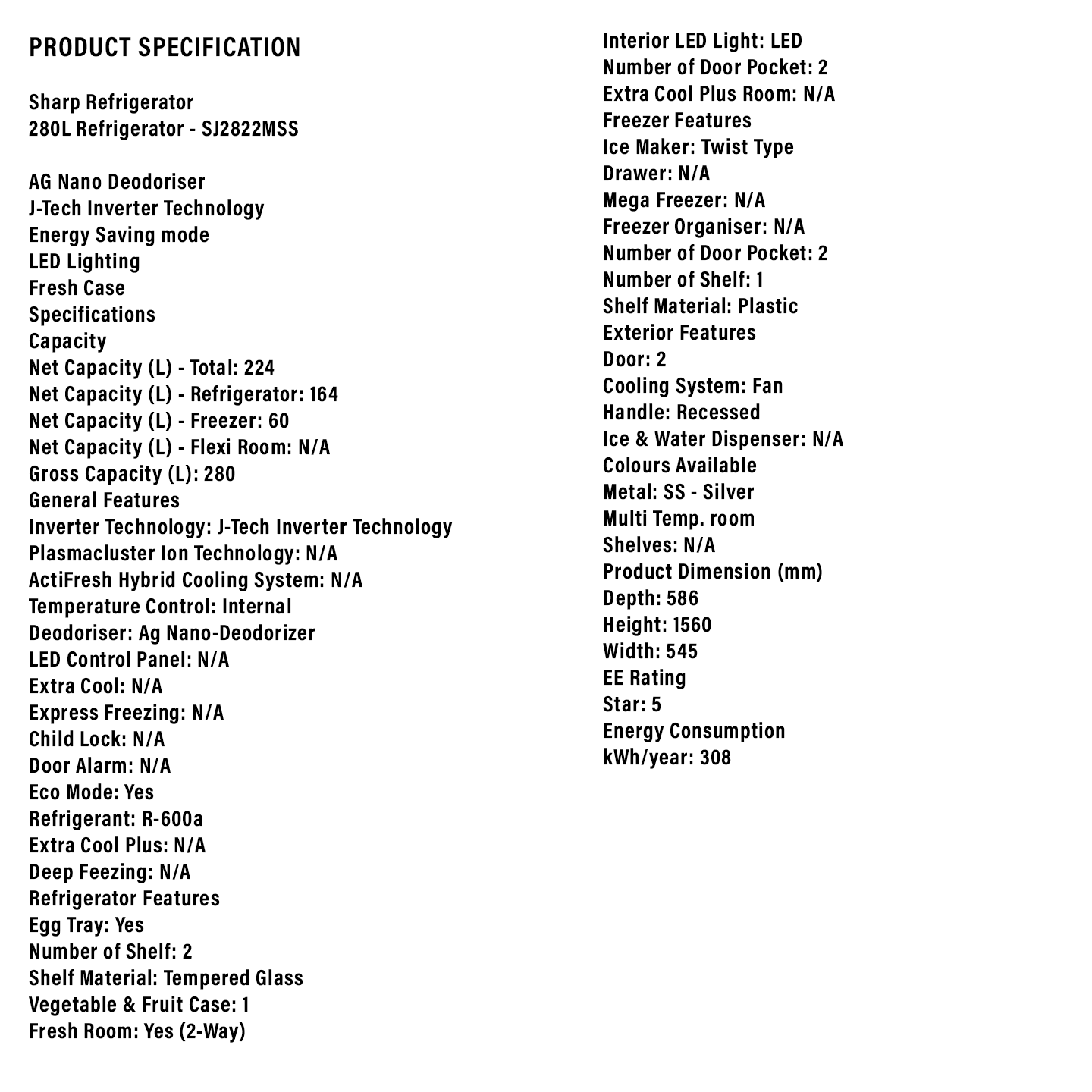 Sharp 280L J-Tech Inverter Refrigerator (SJ2822MSS)