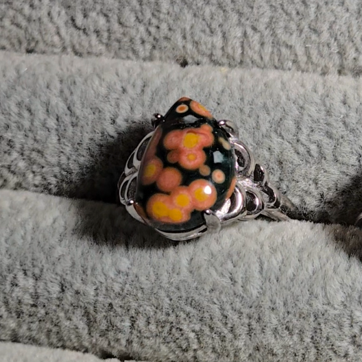 Old stock ocean jasper ring with pink-ringed yellow orbs (A) - JW33