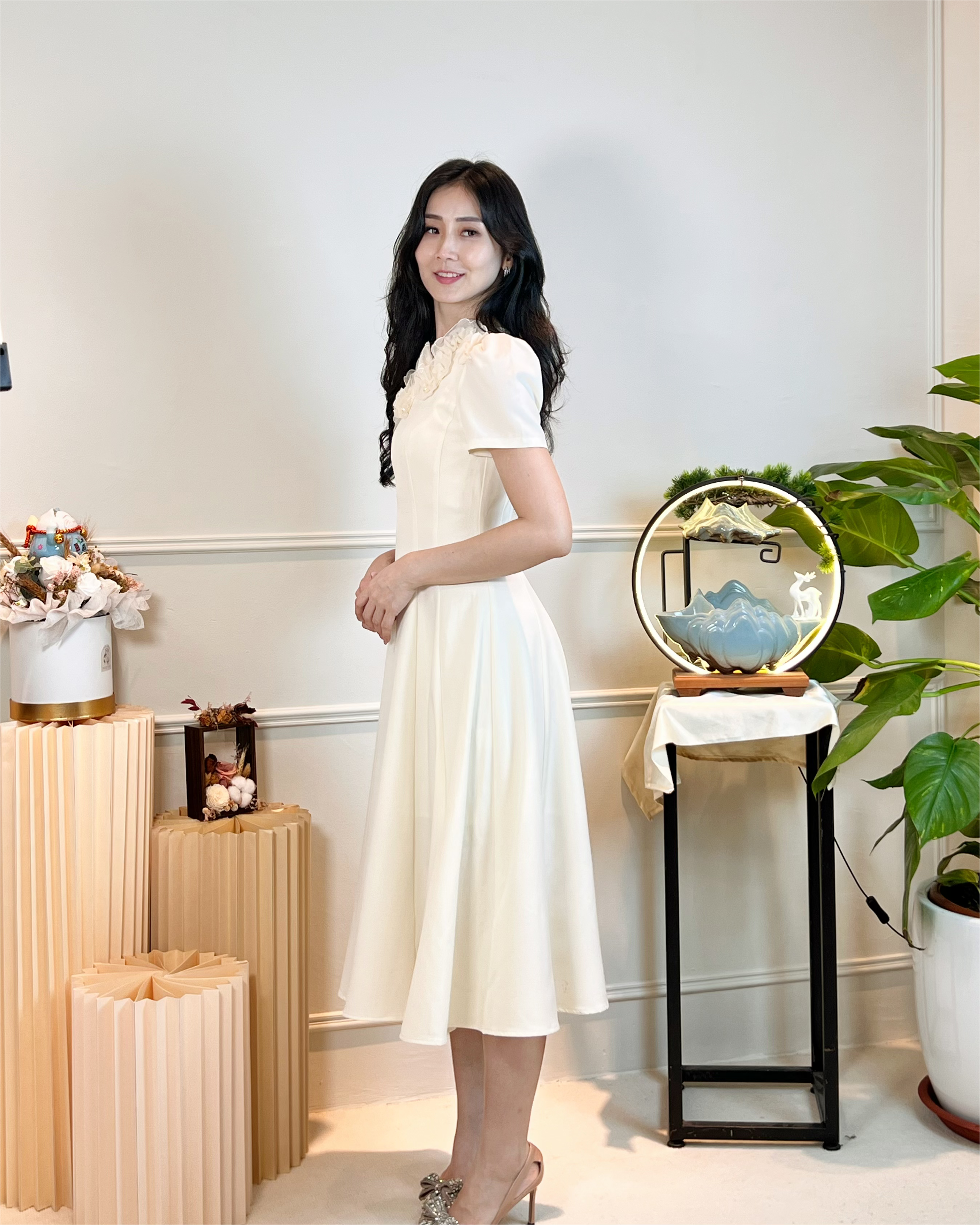 5093 3D Floral Chiffon Appliqué Midi Dress