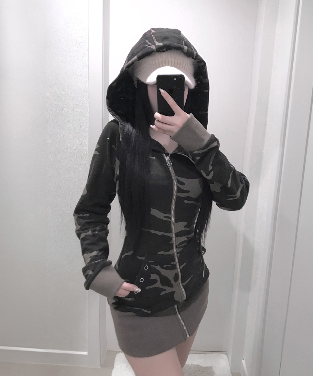 Camo Zip-Up Hooded Mini Dress