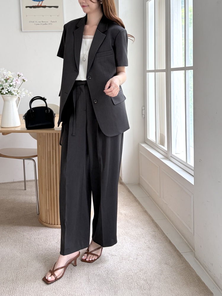 Aveline Belted Straight Slacks (Charcoal)