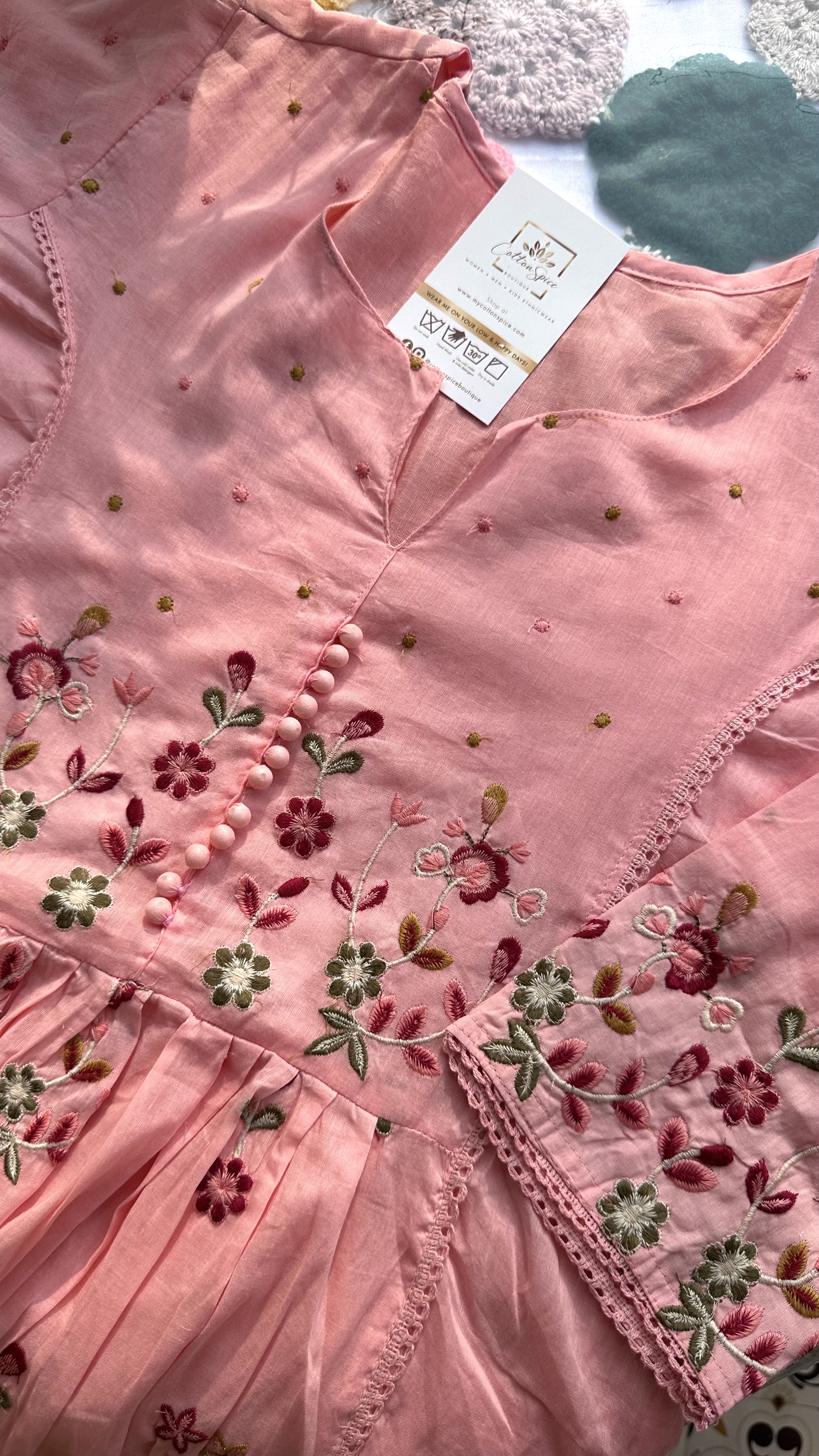 Baby Pink Embroidered Floral Print Kurta Set