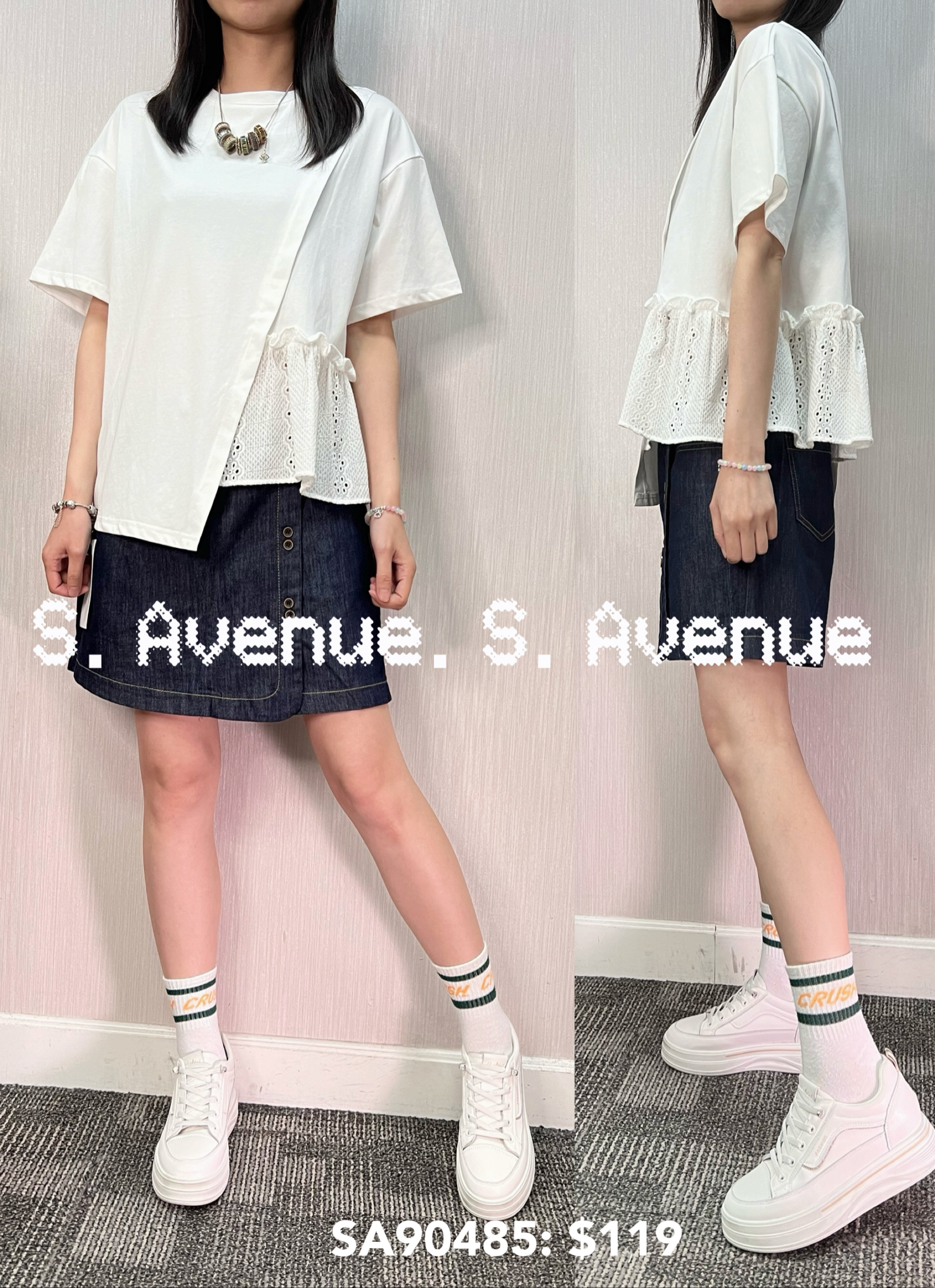 SA90485: 短袖側通花不規則腳tee