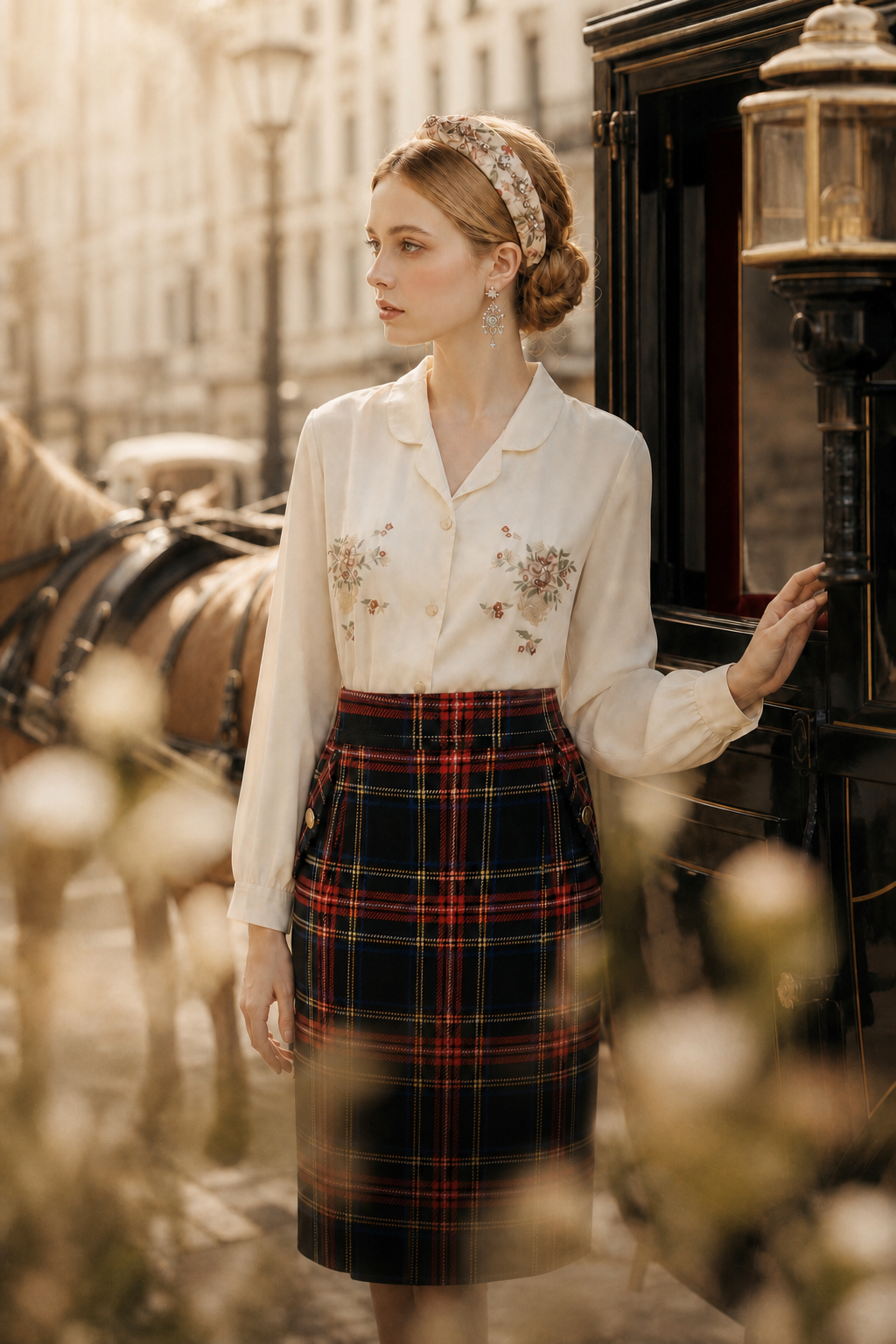 英倫學院的午茶約會 ∙ 金扣格紋復古鉛筆裙 British Academy Teatime ∙ Golden Button Plaid Vintage Pencil Skirt