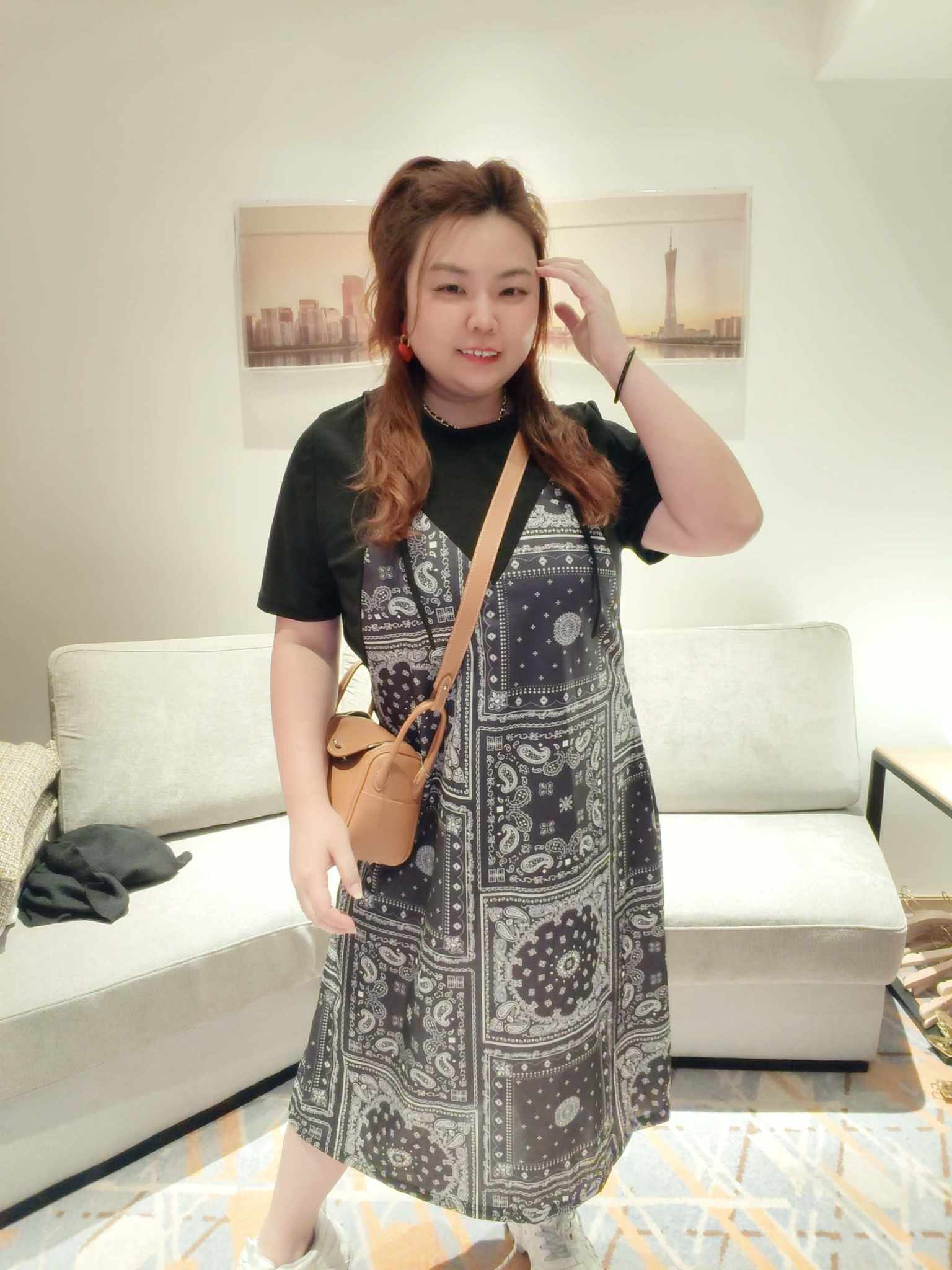 YCH11 1242 假两件式印花图腾连身裙