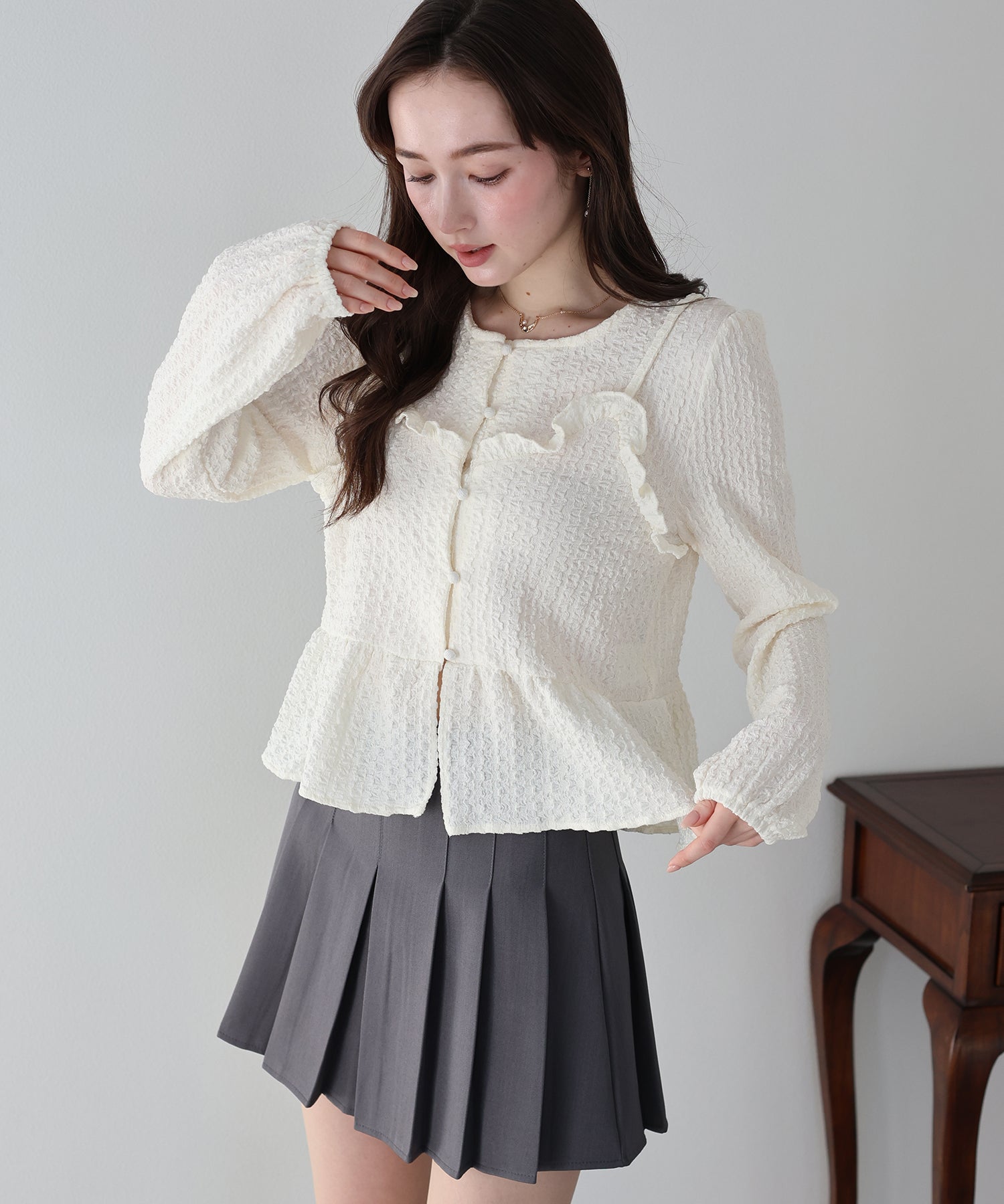 <JP> Pokopoko Textured Ruffles Top (假兩件) * 3色入 <預購>