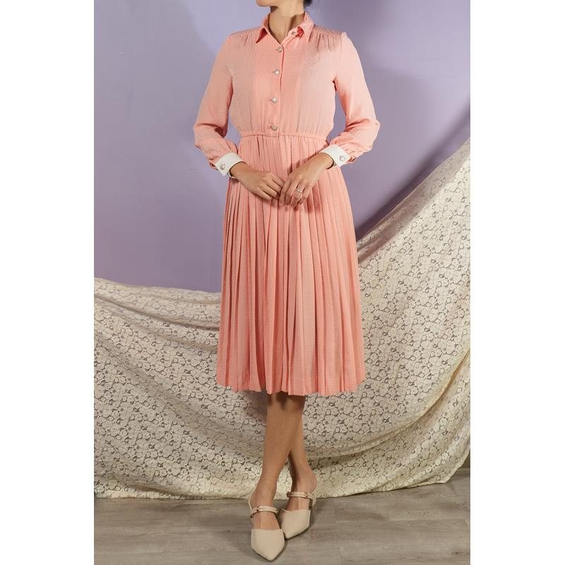 Vintage C.a. 1970-80s U Pattern Salmon Pink Shirtdress with White Cuff Day Dress(MT1608-132)