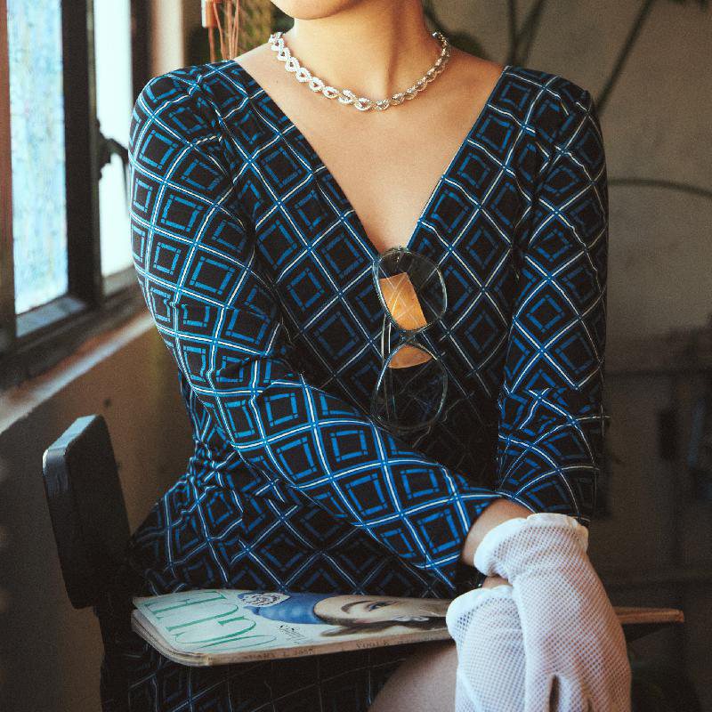(Sold out)Last S -1970s Style Miss Suzie Geometric Half-Wrap Jersey Dress(FM122)