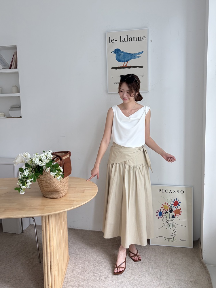 Wrap-Waist Flare Skirt (Beige)