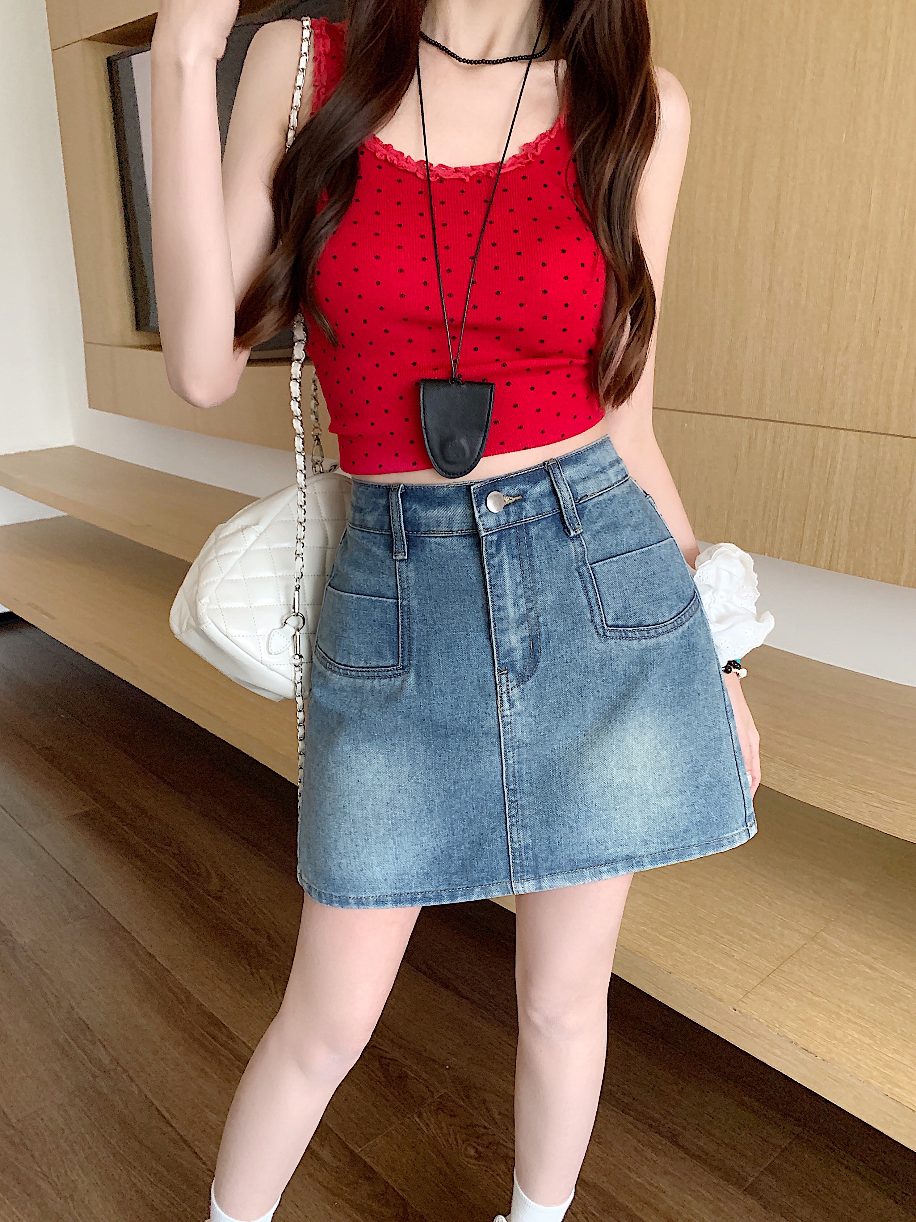 B251(65535) 美式JEANS时尚半横口袋边蓝短裙