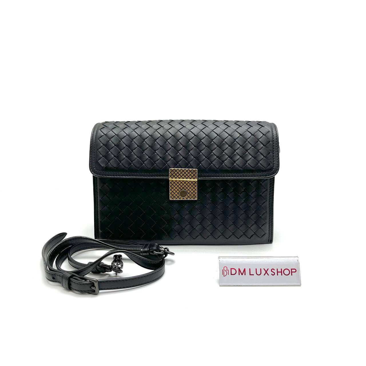 BV Black Intrecciato Padlock Flap Bag