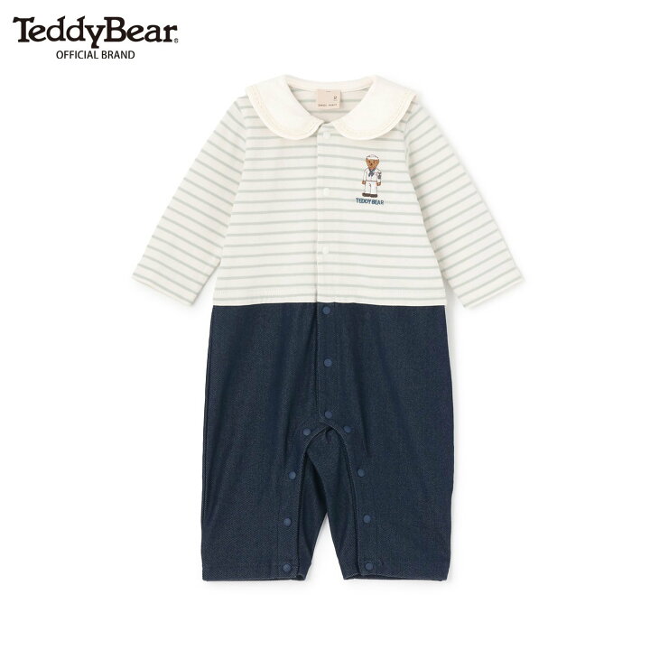 🇯🇵預訂 日本直送🇯🇵Petit Main x TeddyBear 兩色小熊刺繡水手領假兩件條紋長袖連身服