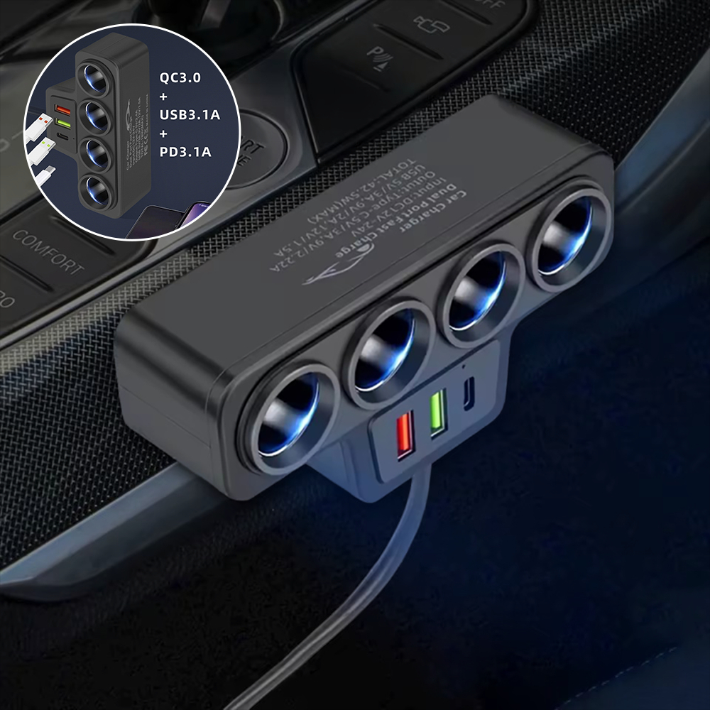 車載點煙器一拖四帶QC3.0+USB+PD快充接口 12V 24V UB0245