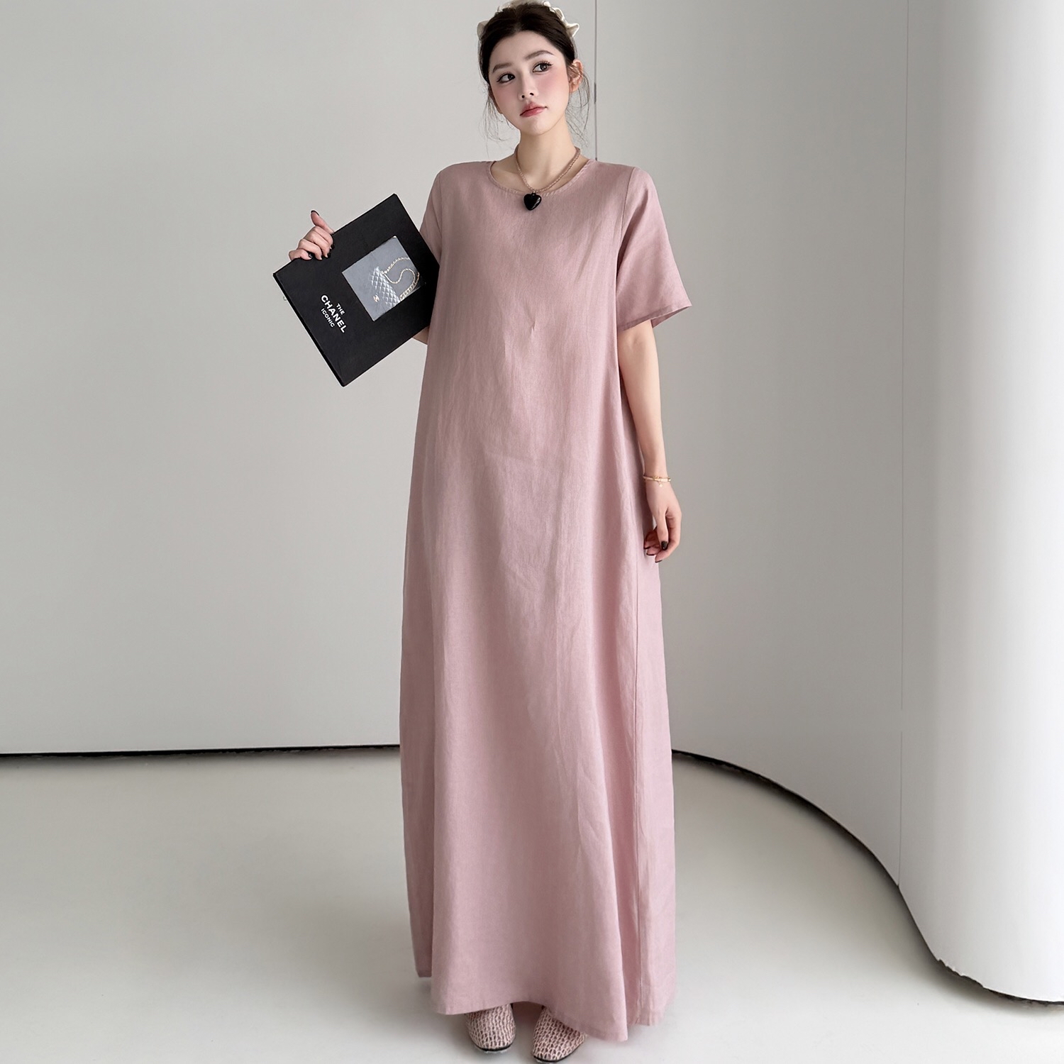 B239(61141) 韩系休闲风麻料圆领纯色藕粉连身裙