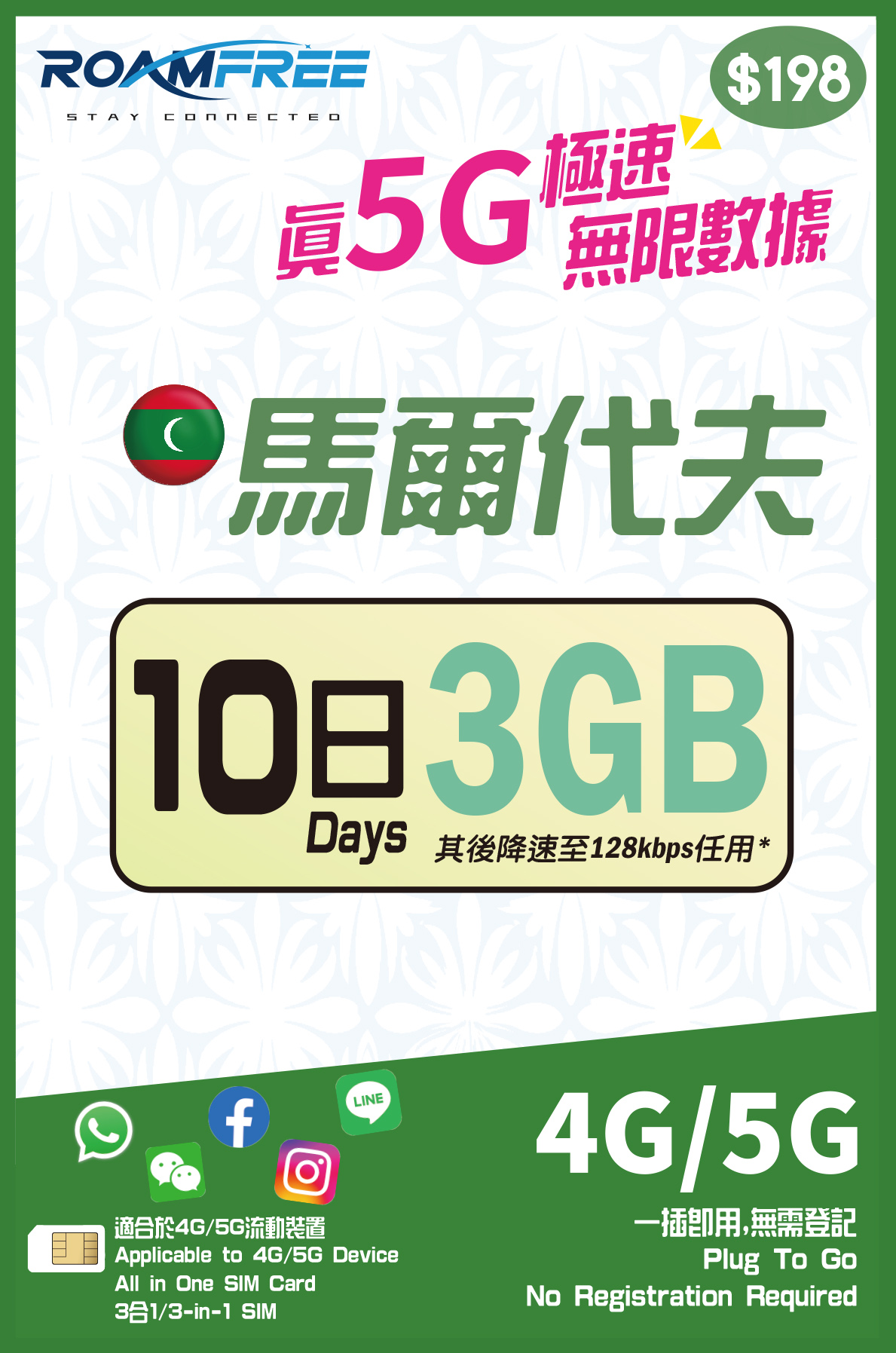 Roamfree X 3HK 4G/5G 馬爾代夫10日3GB無限數據卡