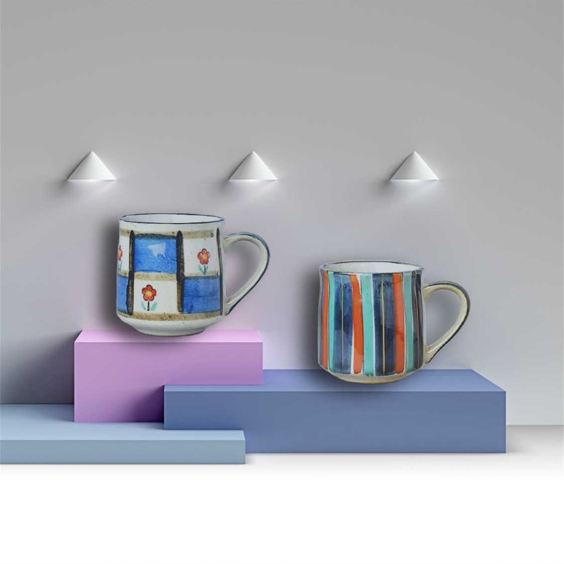 【日本製】美濃燒陶瓷條子小花駌鴦馬克杯套裝 (290ml @)