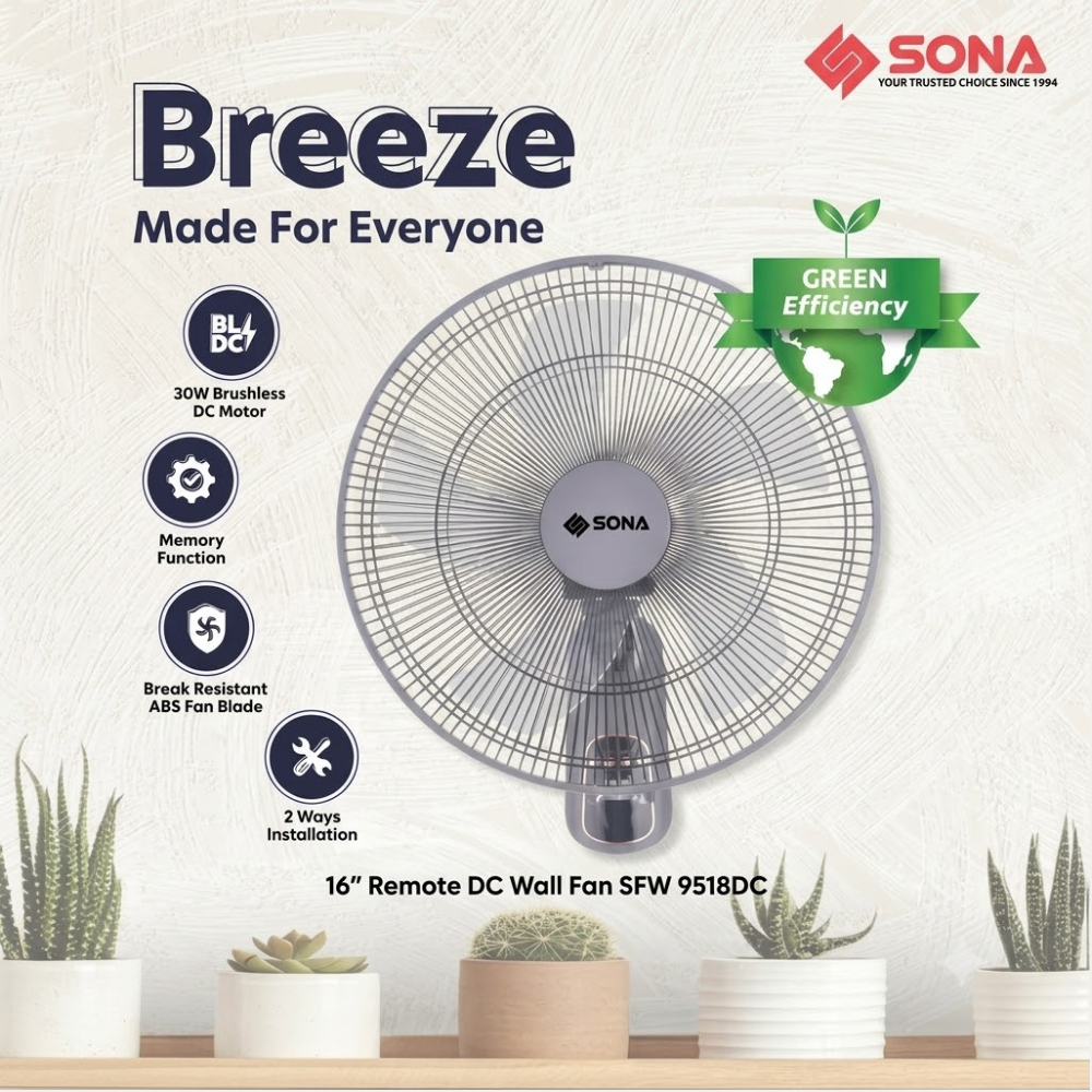 Sona 16" Remote DC Wall Fan Brushless DC Motor  SFW 9518DC RR
