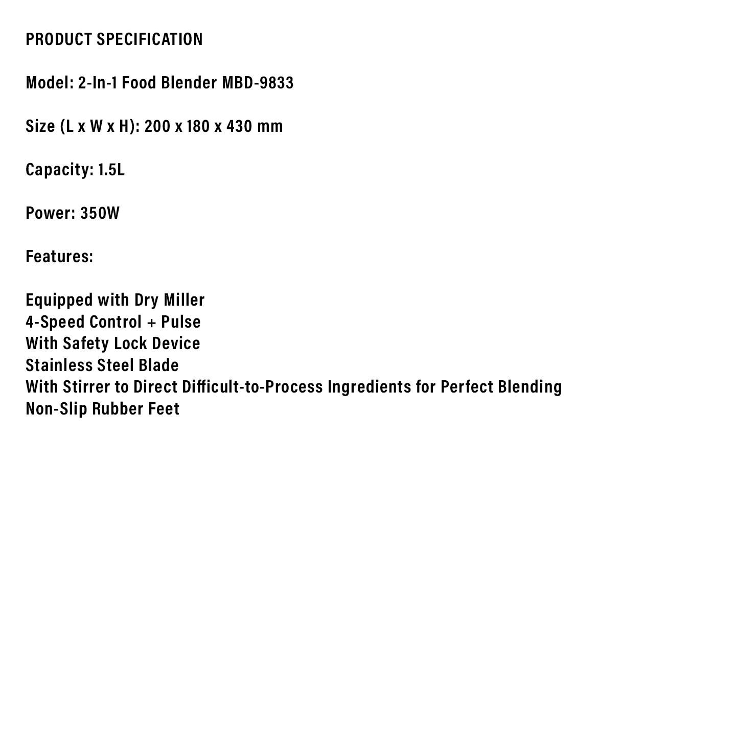 Milux 1.5L 350W 2-in-1 Blender (MBD-9833)