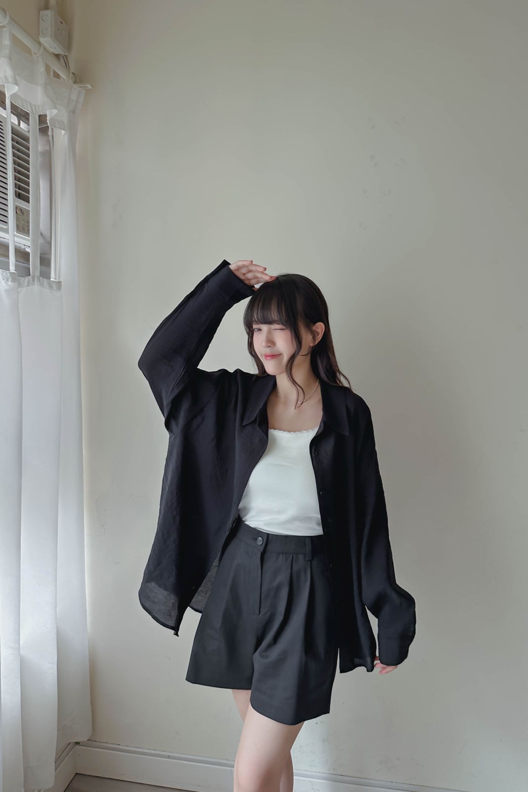 空氣感透膚後扣帶襯衫 (兩色入)