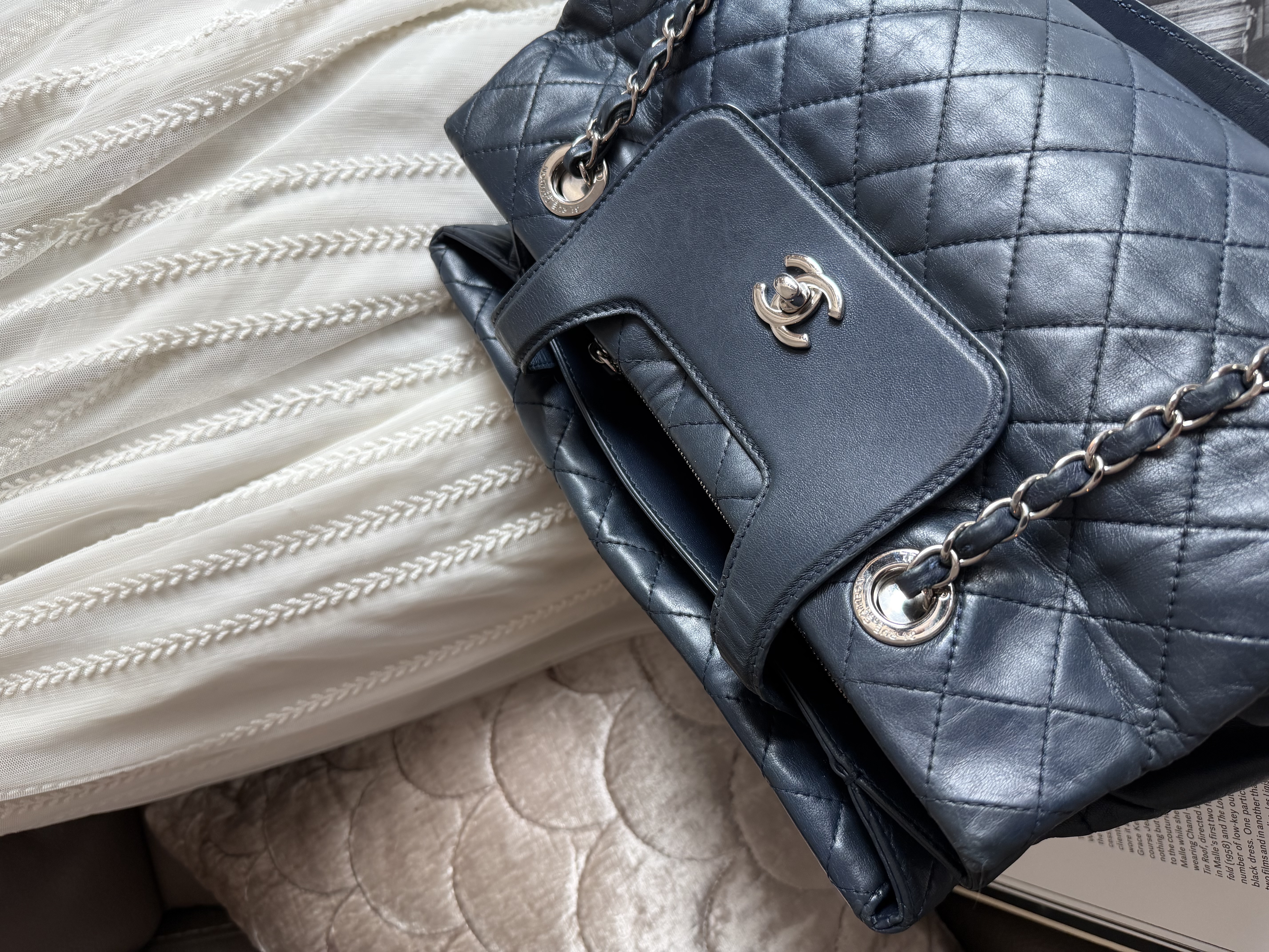 Chanel quilted matelasse navy leather chain bag