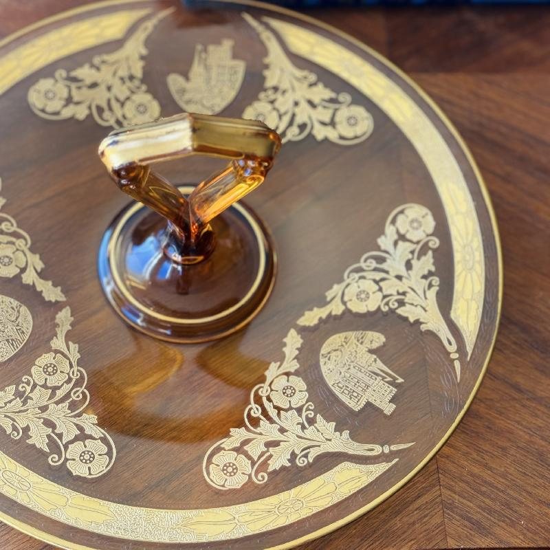 Antique 1920s Amber Glass Embossed Golden Castle and Scrollwork Pattern Large Cake Plate with Geometric Handle (MT2166)