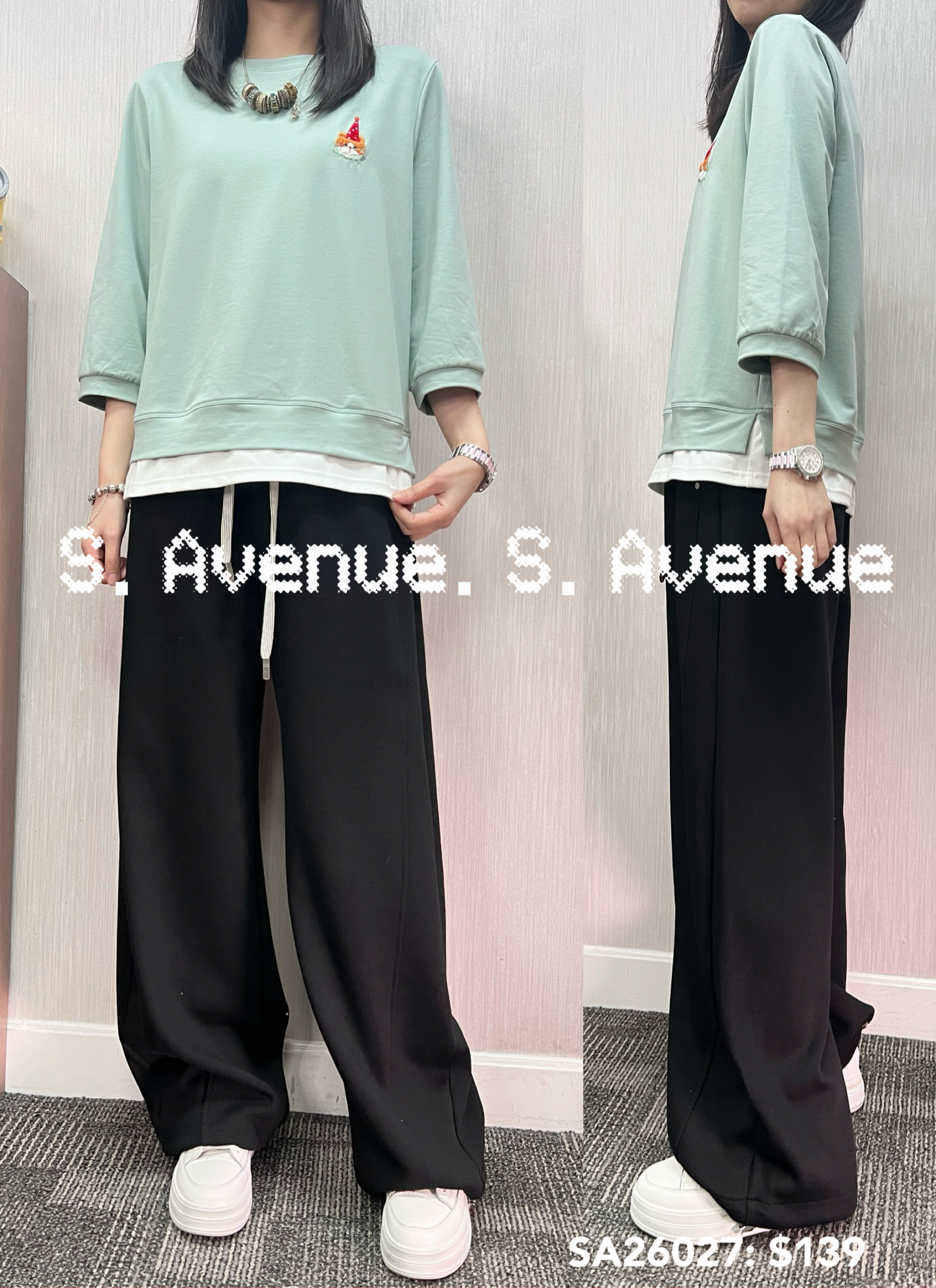 SA26027: 中袖繡小貓假兩件tee