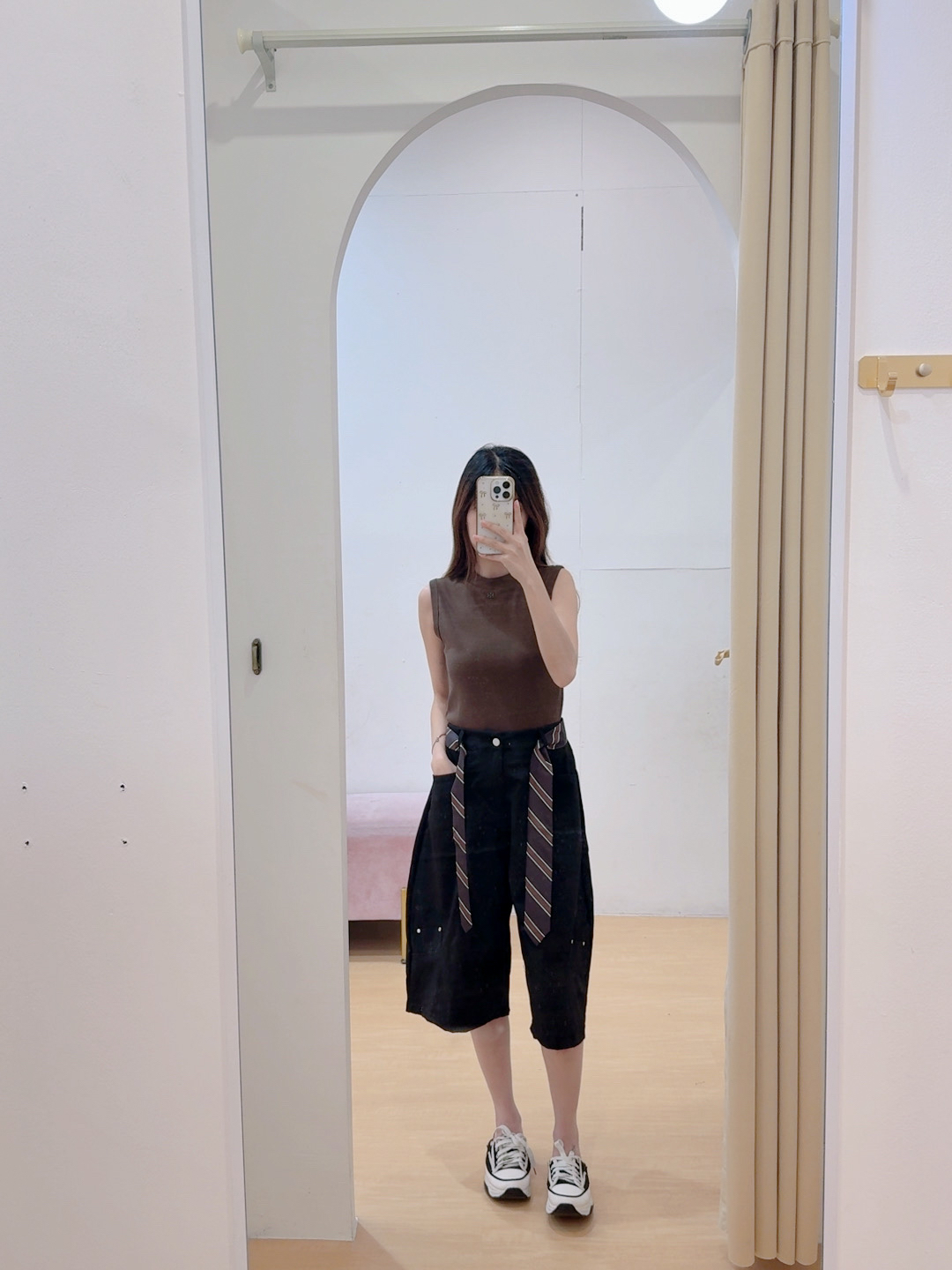 酷飒条纹腰带工装七分裤 R2951