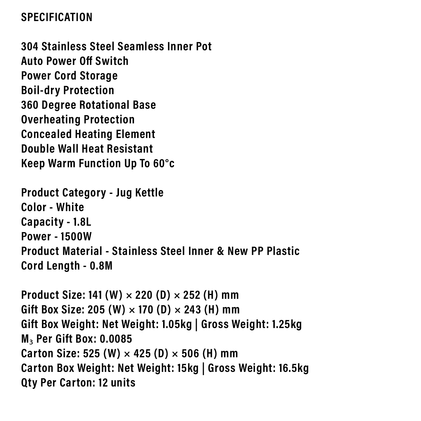 Faber 1.8L Jug Kettle DW X1799WH