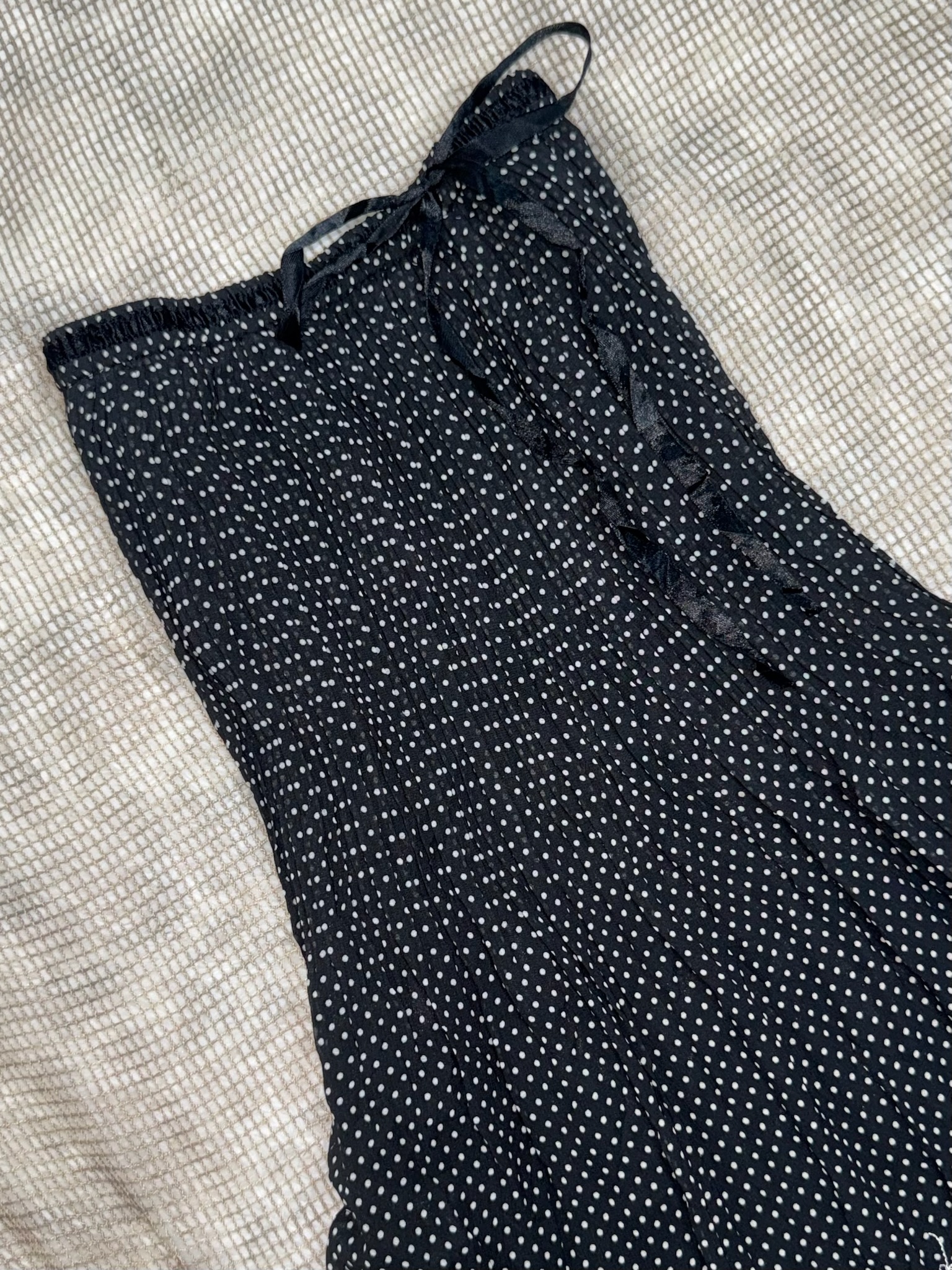 French Girly Ribbon Drawstring Lace Micro Dot Midi Skirt 
