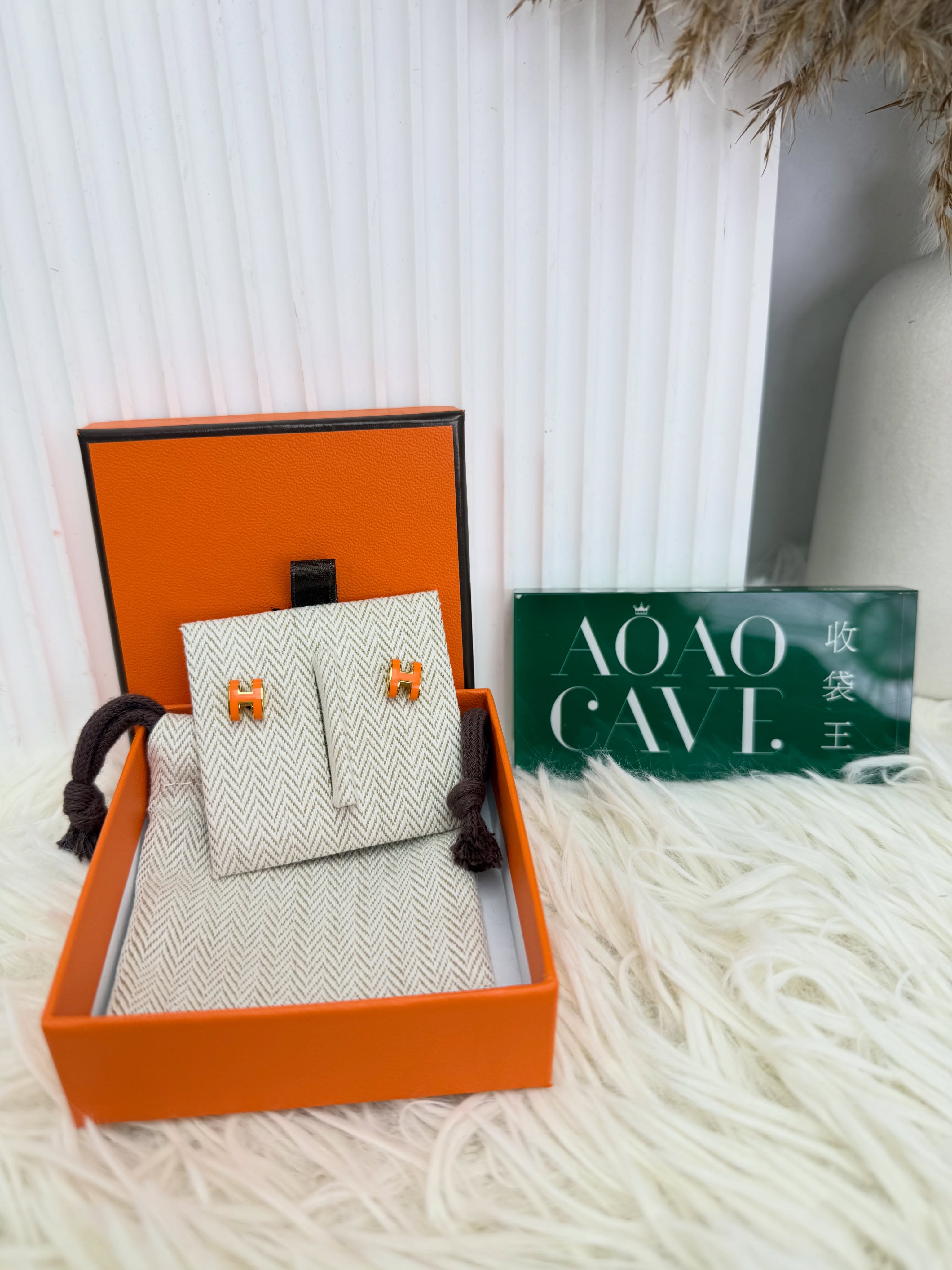 HERMES🤍🧡PRE OWNED👜 Mini Pop H 橙色金色耳環 全套🧡 
