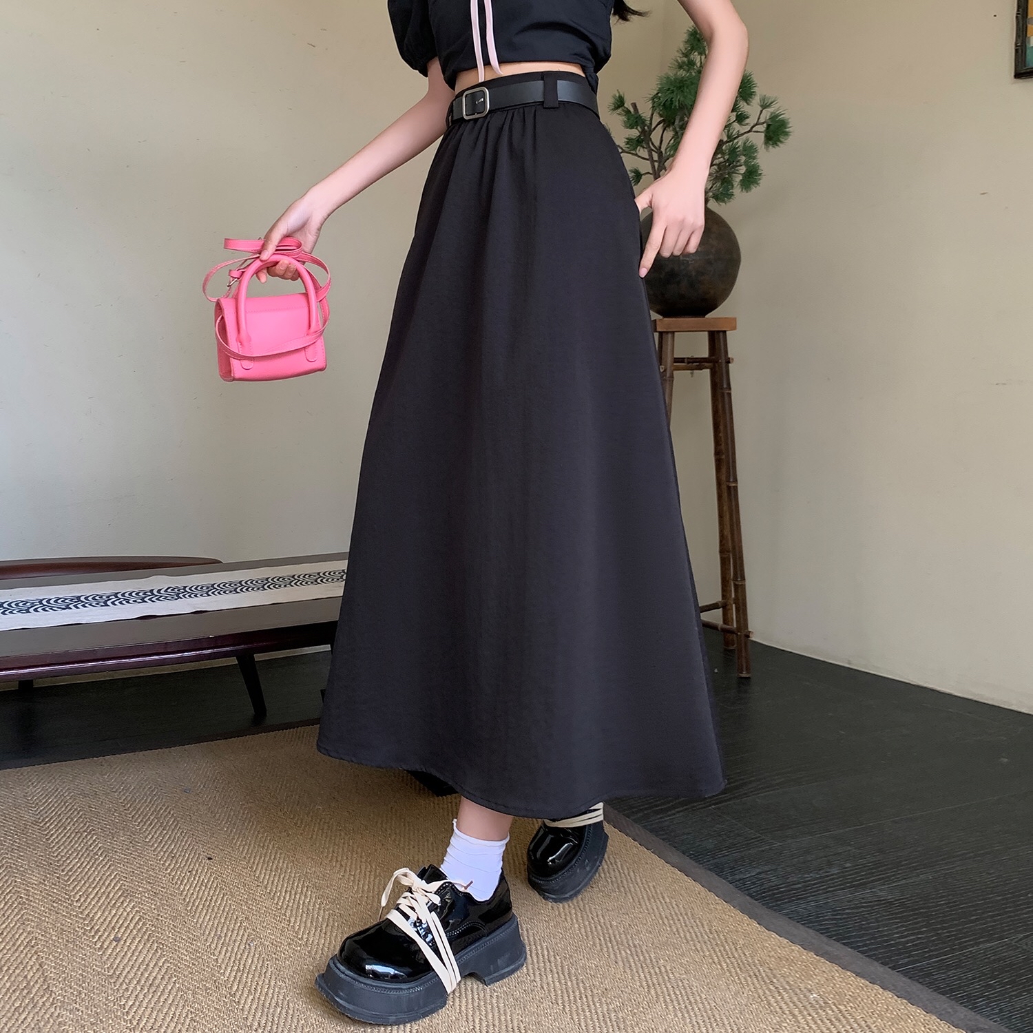 B30(66022) 韩版气质高腰纯色百搭A字西装黑白长裙