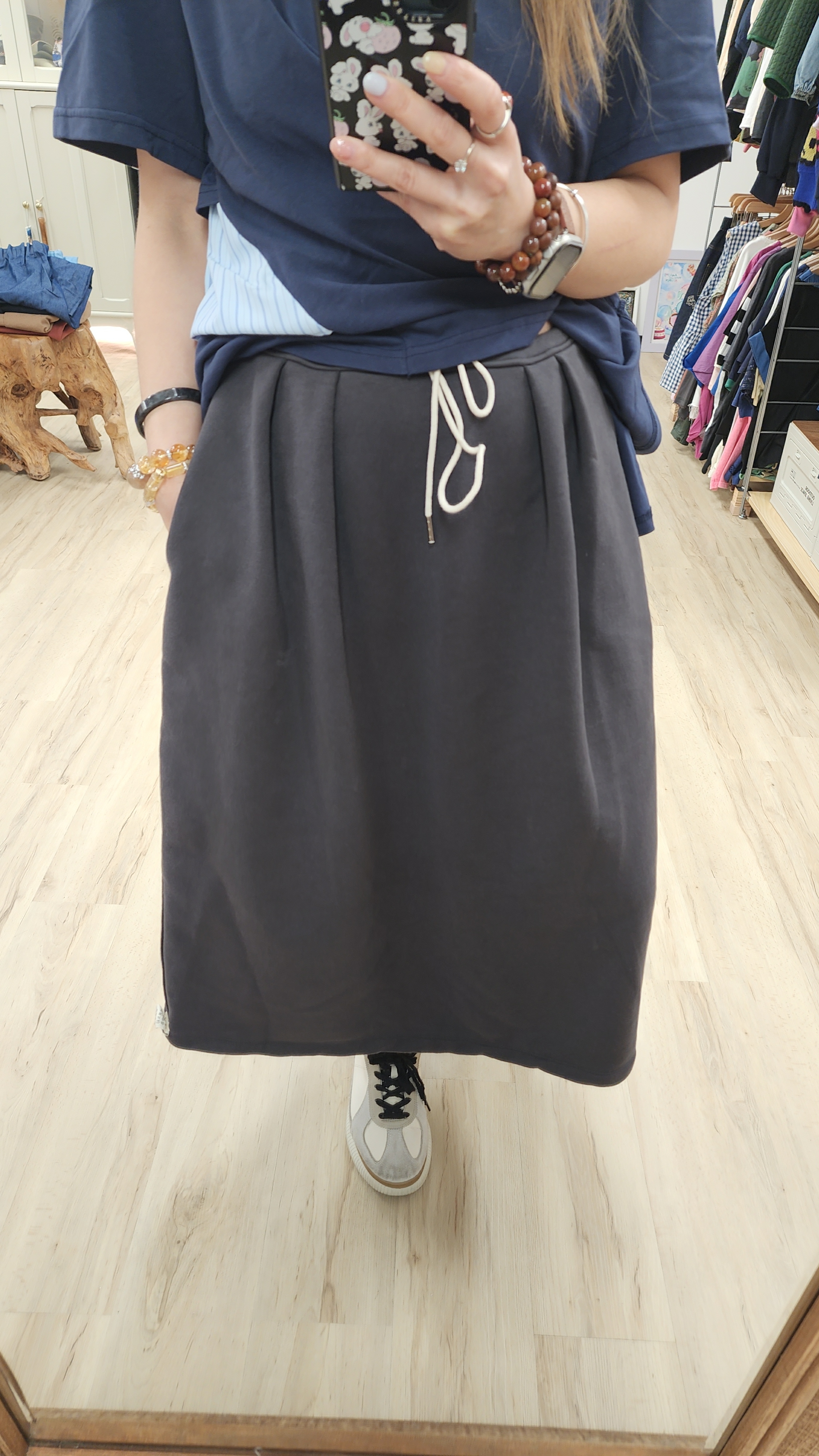 韓國炭灰綁繩棉料中長裙