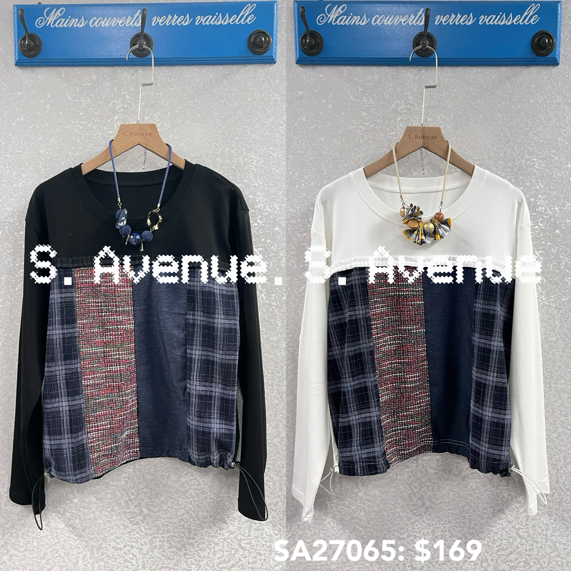 SA27065: 長袖拼格仔拼牛仔布top