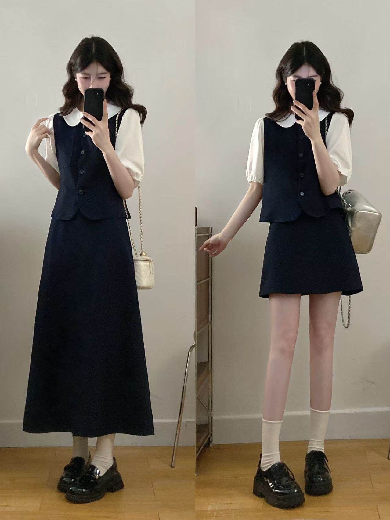 B89(3103短) 短款韩系温柔风气质拼接娃娃领上衣与短裙蓝套装