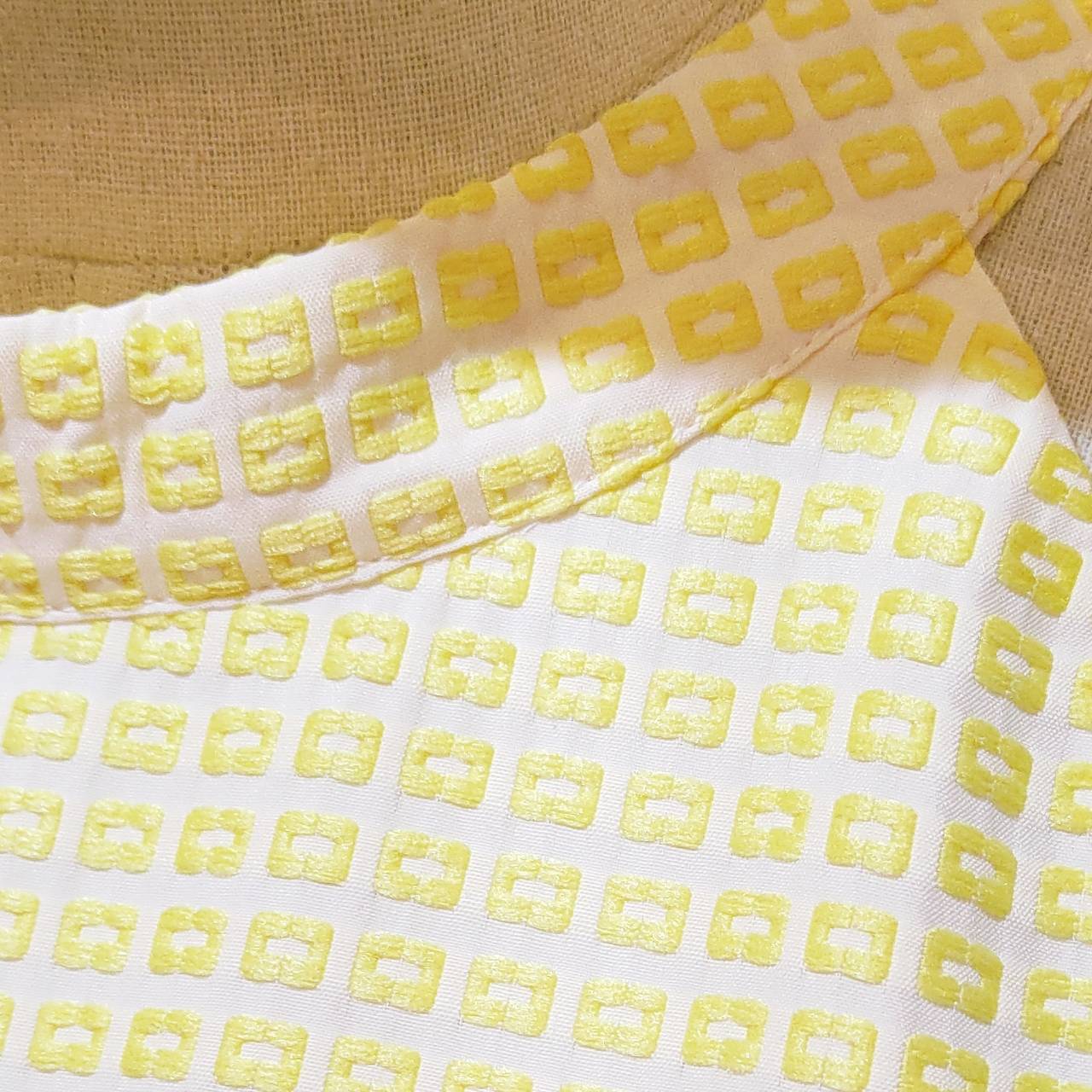 (Ready-made)1960s MOD Yellow Raised Geometric Pattern A-Line Dress(FM135)