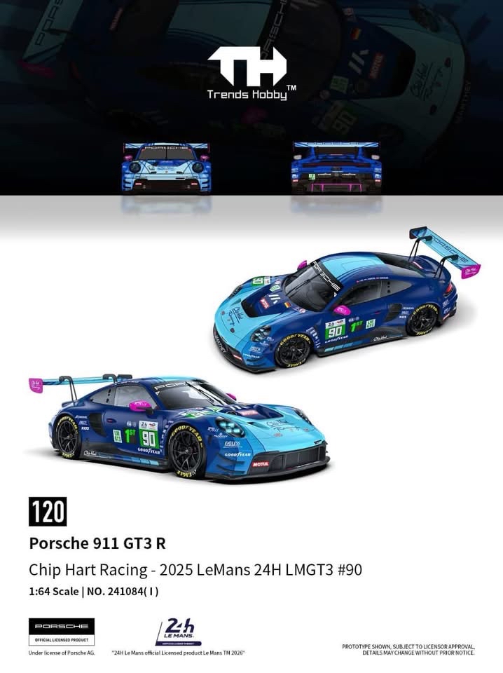 （預訂 Pre Order) Trends Hobby (241084(I)) 1/64 Porsche 911 GT3 R LeMan 24H 2025 #90