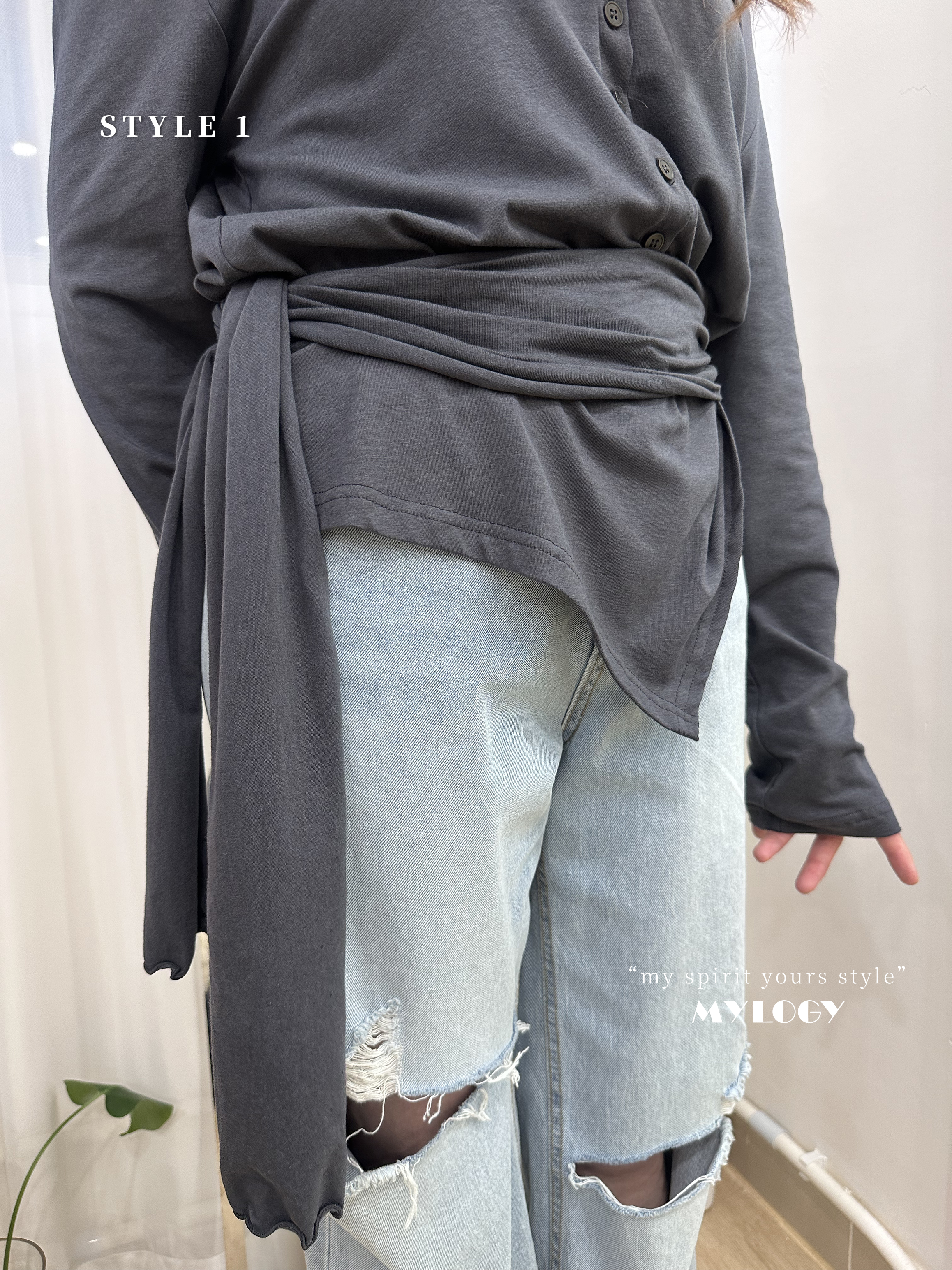 韓系 L/S Off Shoulder 排扣不規則下擺 TEE JD0008 - 白色 Ivory