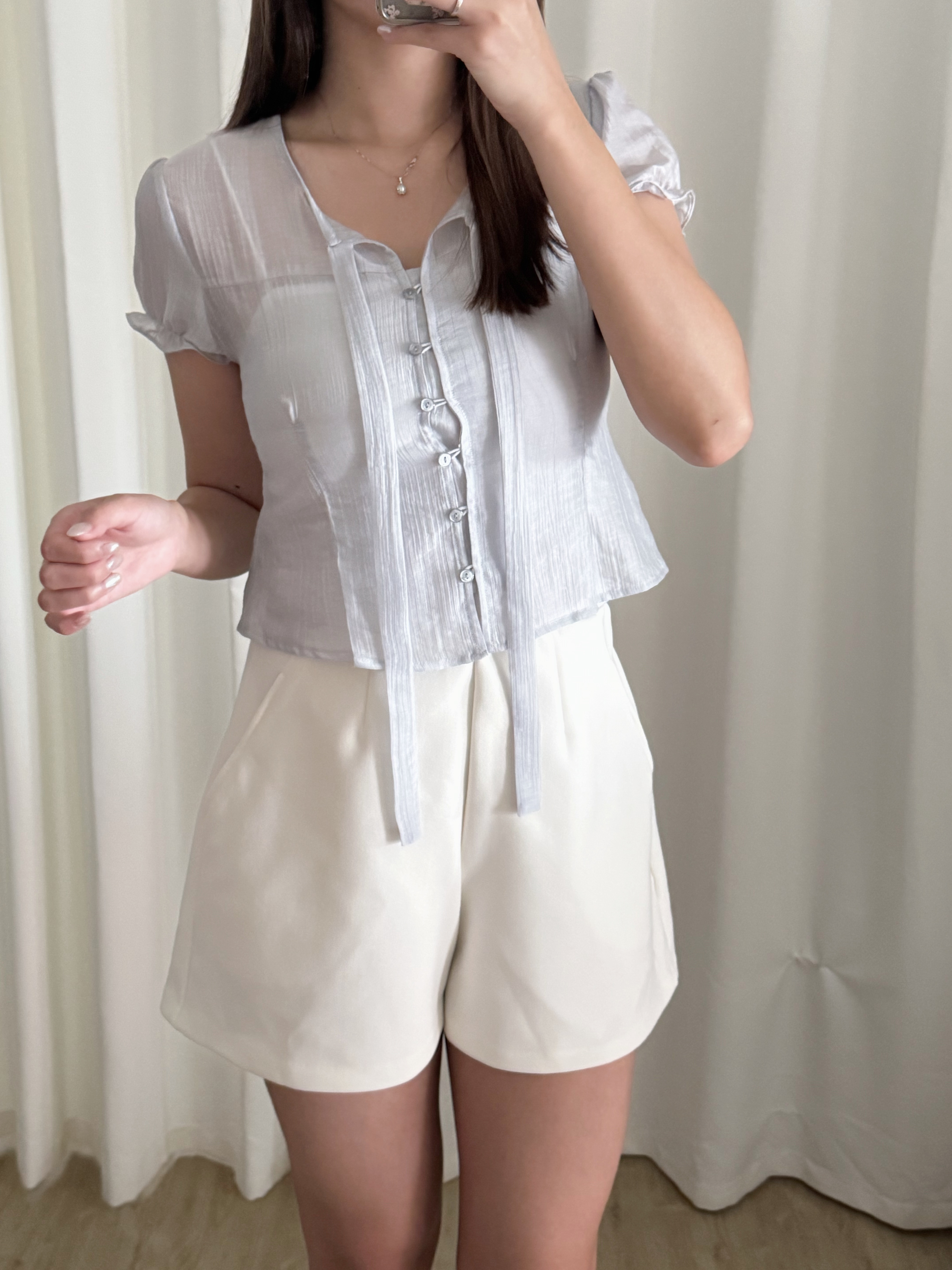 透薄綁帶微公主袖短袖上衣(三色入)