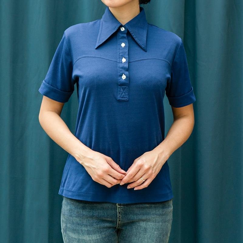 C.a. 1970s American Vintage Royal Blue Polo Shirt with White Buttons(MT1502)