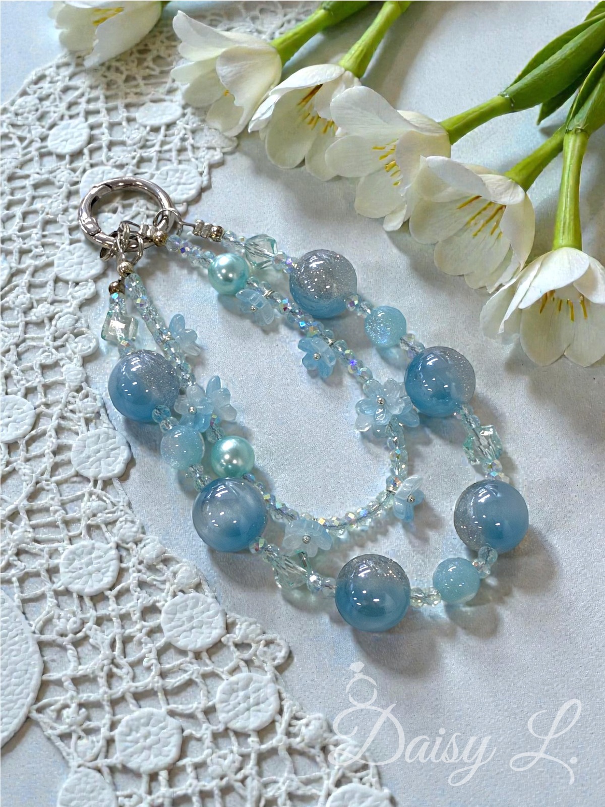 清新藍色水晶雙層手機掛繩