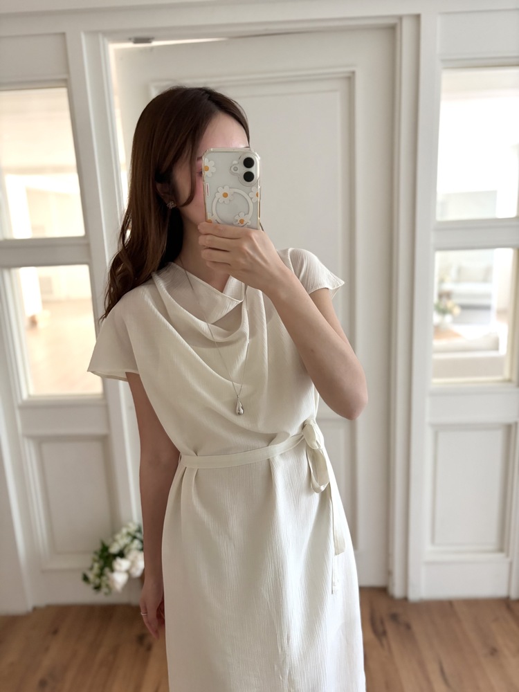 Draped Neck Dress with Inner Slip (Cream)